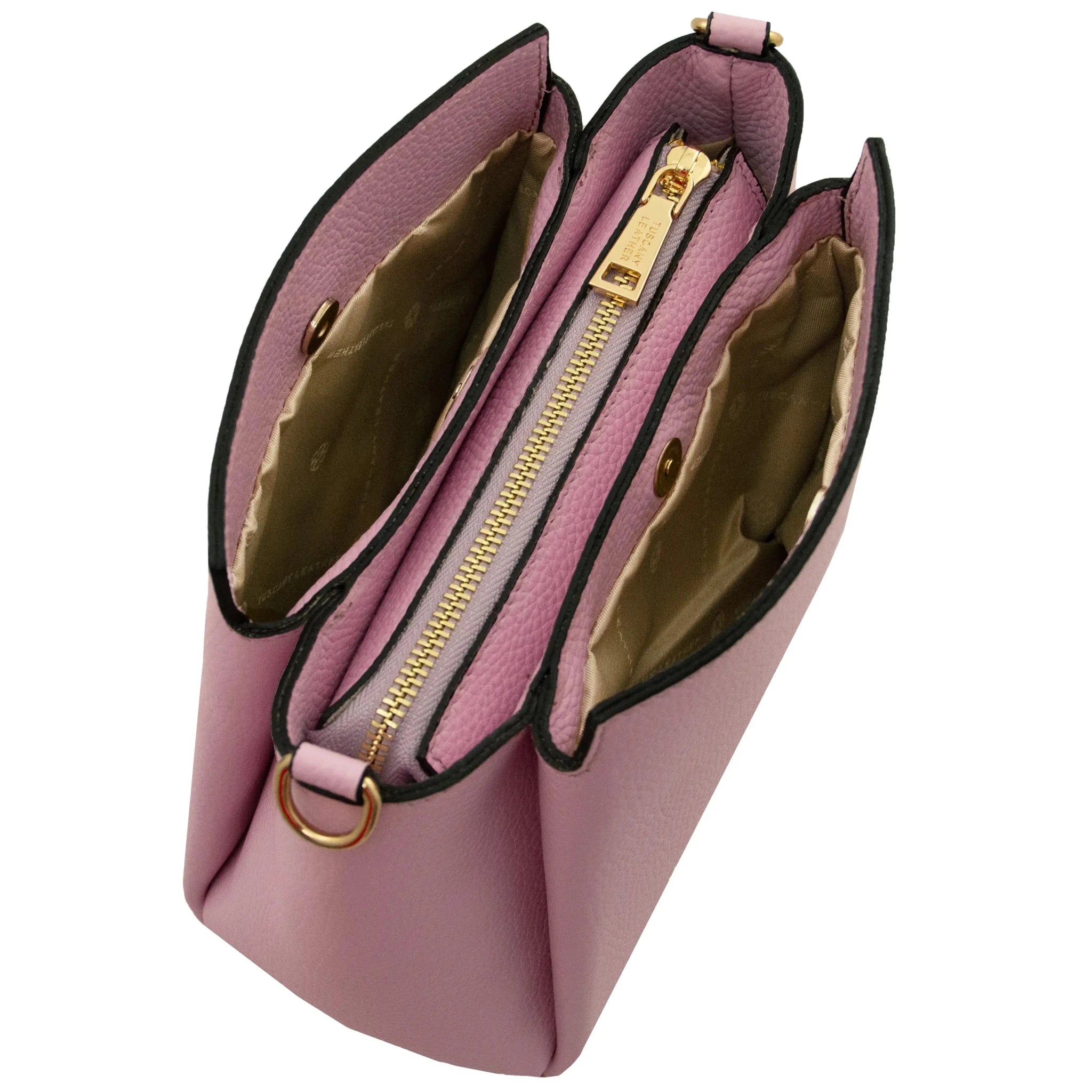 Top zippered compartment view Abby Leather Bag in Ballet Pink