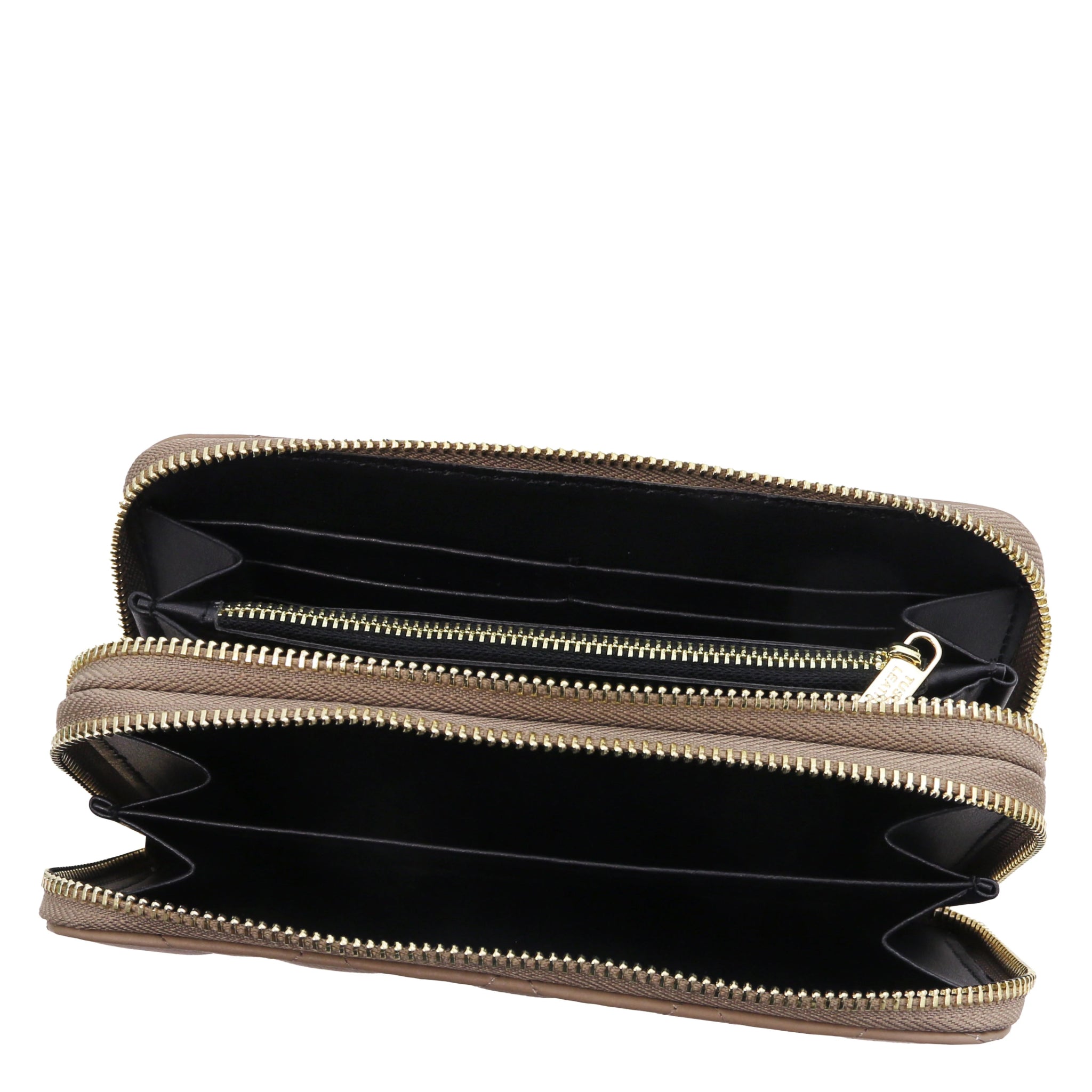 Top interior view of both zippered compartments and currency pockets of Ada Double Zip Around Leather Wallet in dark taupe