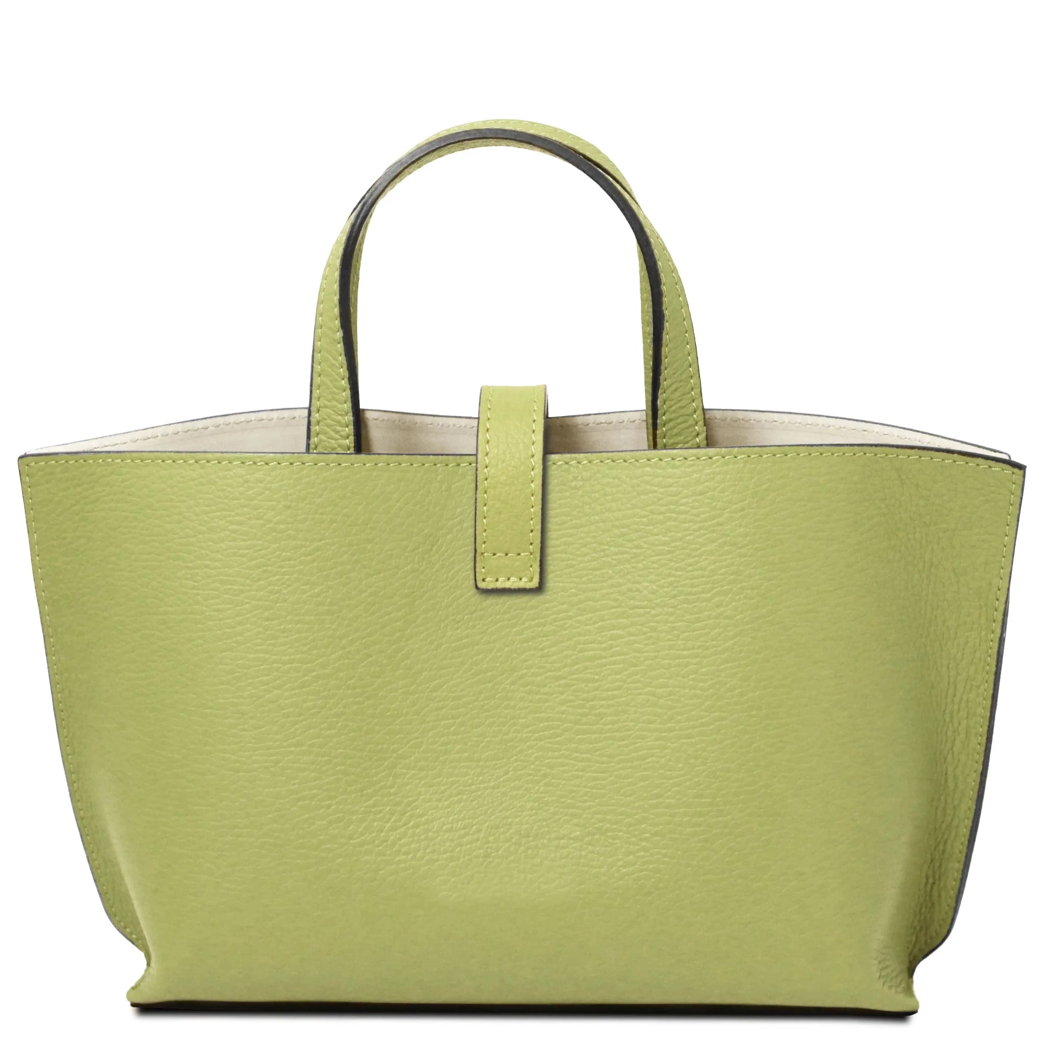 Back of llme green handbag with a beige interior on a white background