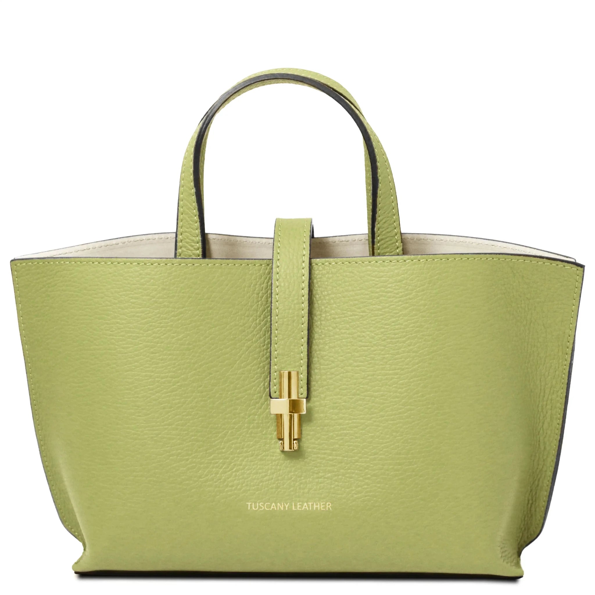 Lime Green leather handbag with gold clasp on a white background featuring Tuscany Leather branding