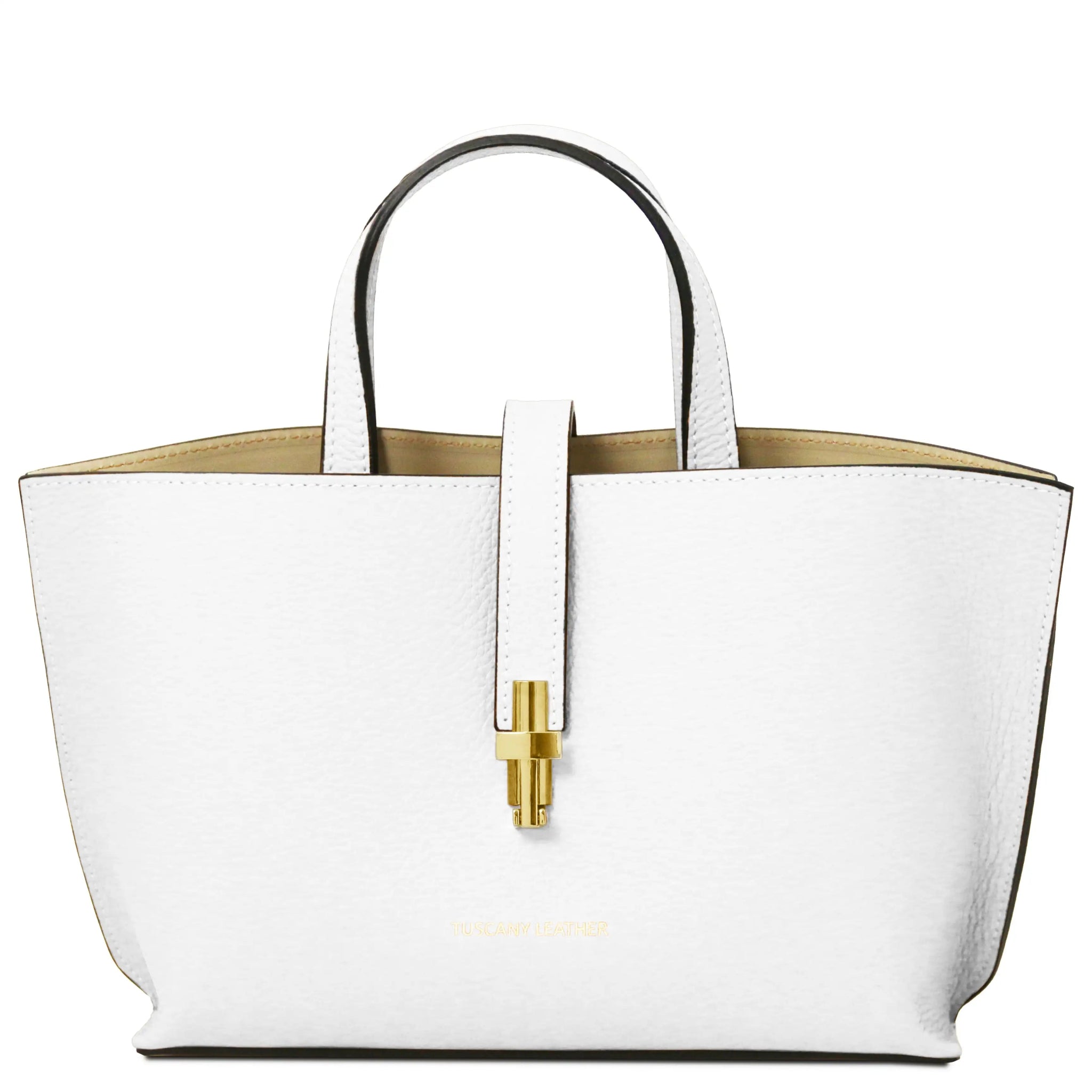 White handbag with gold twist lock on a white background