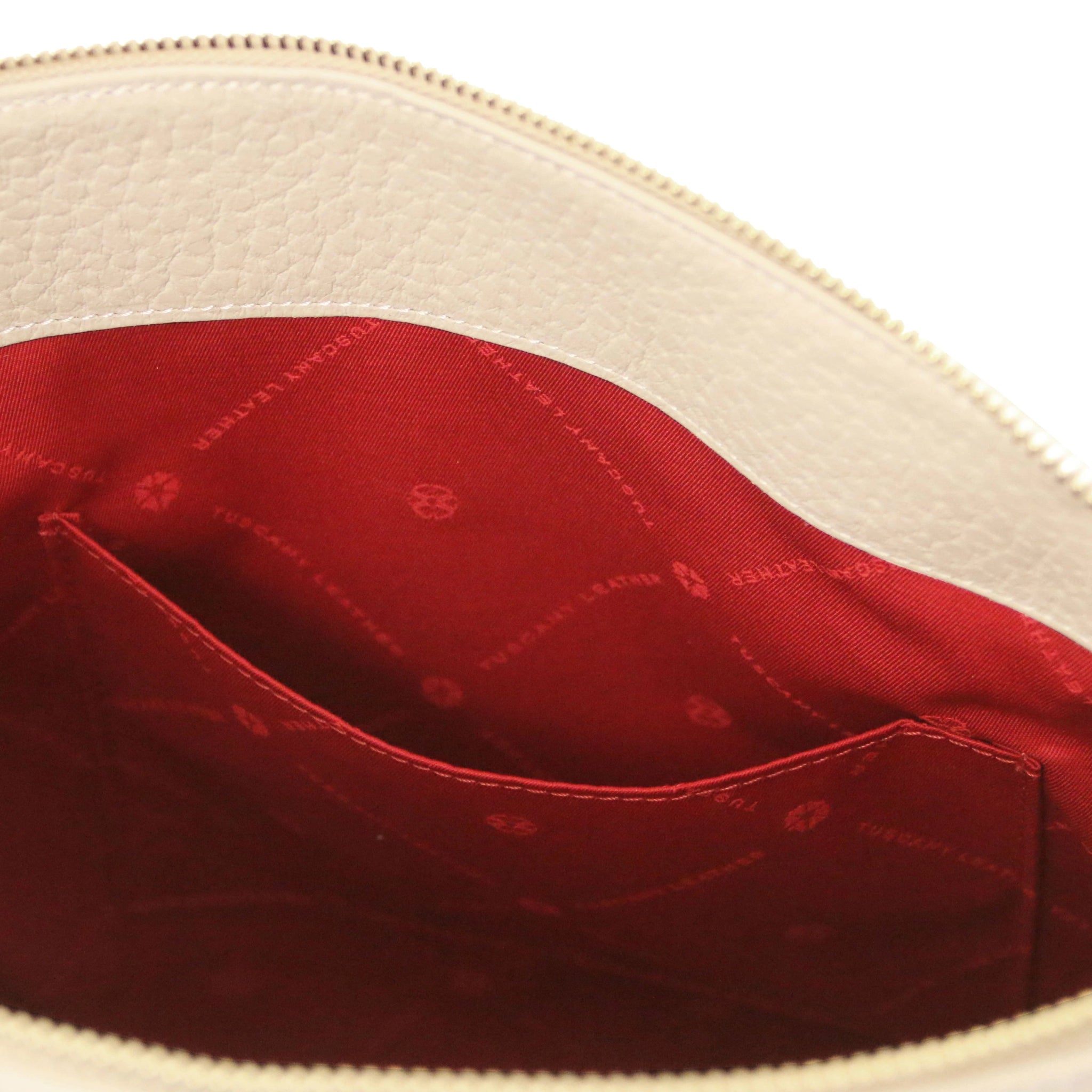 Amy Soft Italian Leather Beige Shopping Bag Interior with Open Pocket and red bag lining- L'Atelier Global