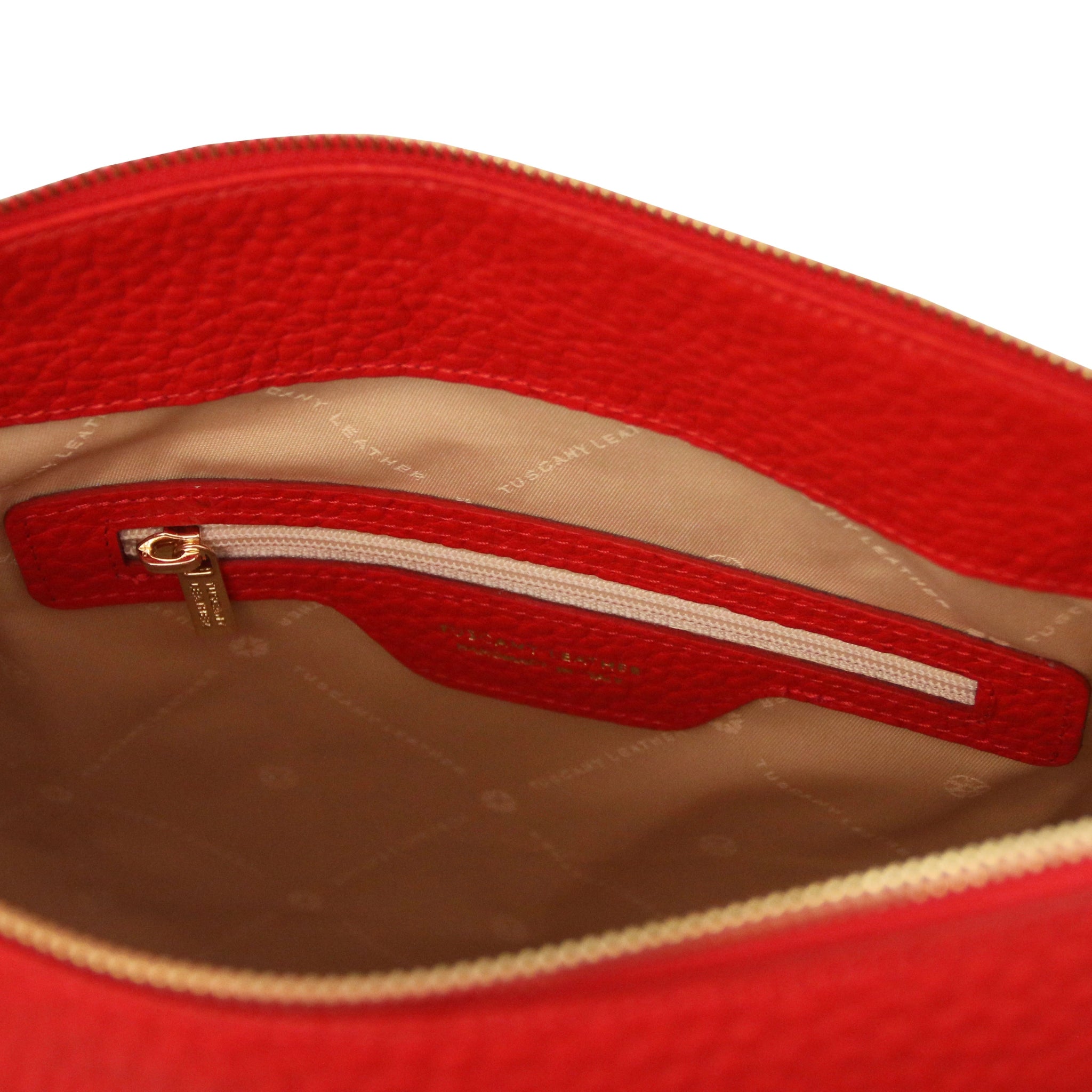 Amy Soft Italian Leather Red Shopping Bag Interior zip pocket and beige bag lining - L'Atelier Global