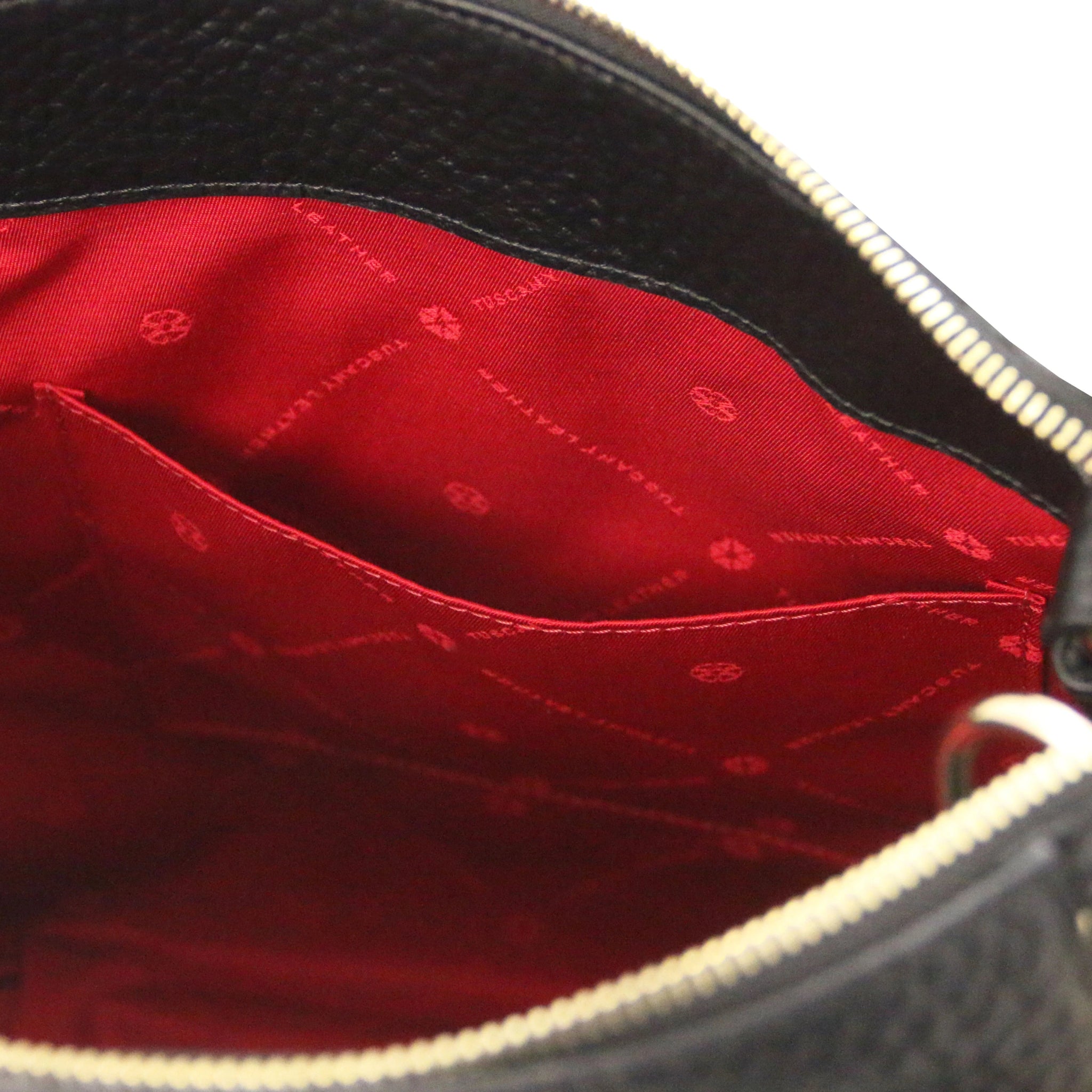 Amy Soft Italian Leather Black Shopping Bag Interior Open Pocket and red bag lining- L'Atelier Global