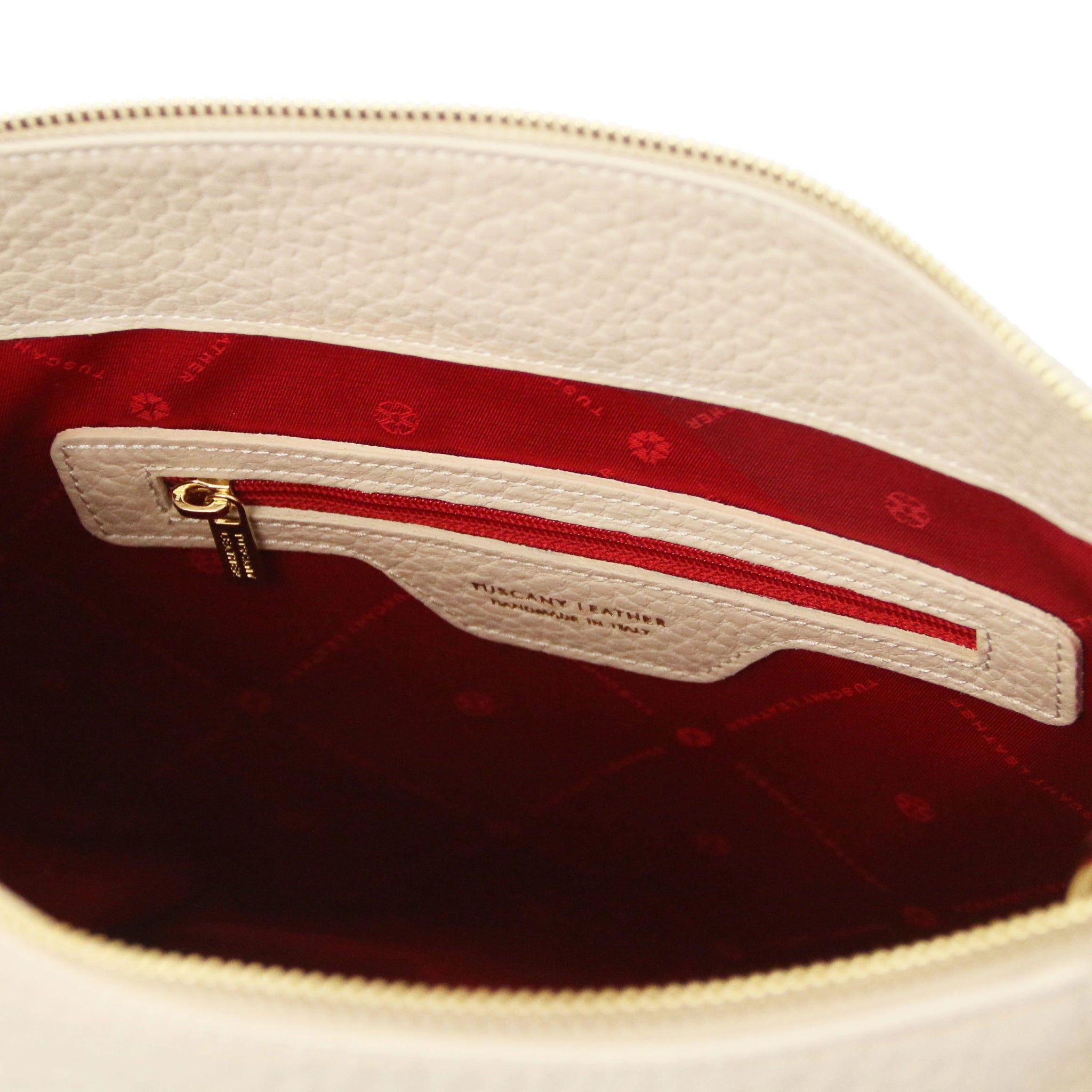 Amy Soft Italian Leather Beige Shopping Bag in Beige with Interior Zipper and red bag lining- L'Atelier Global