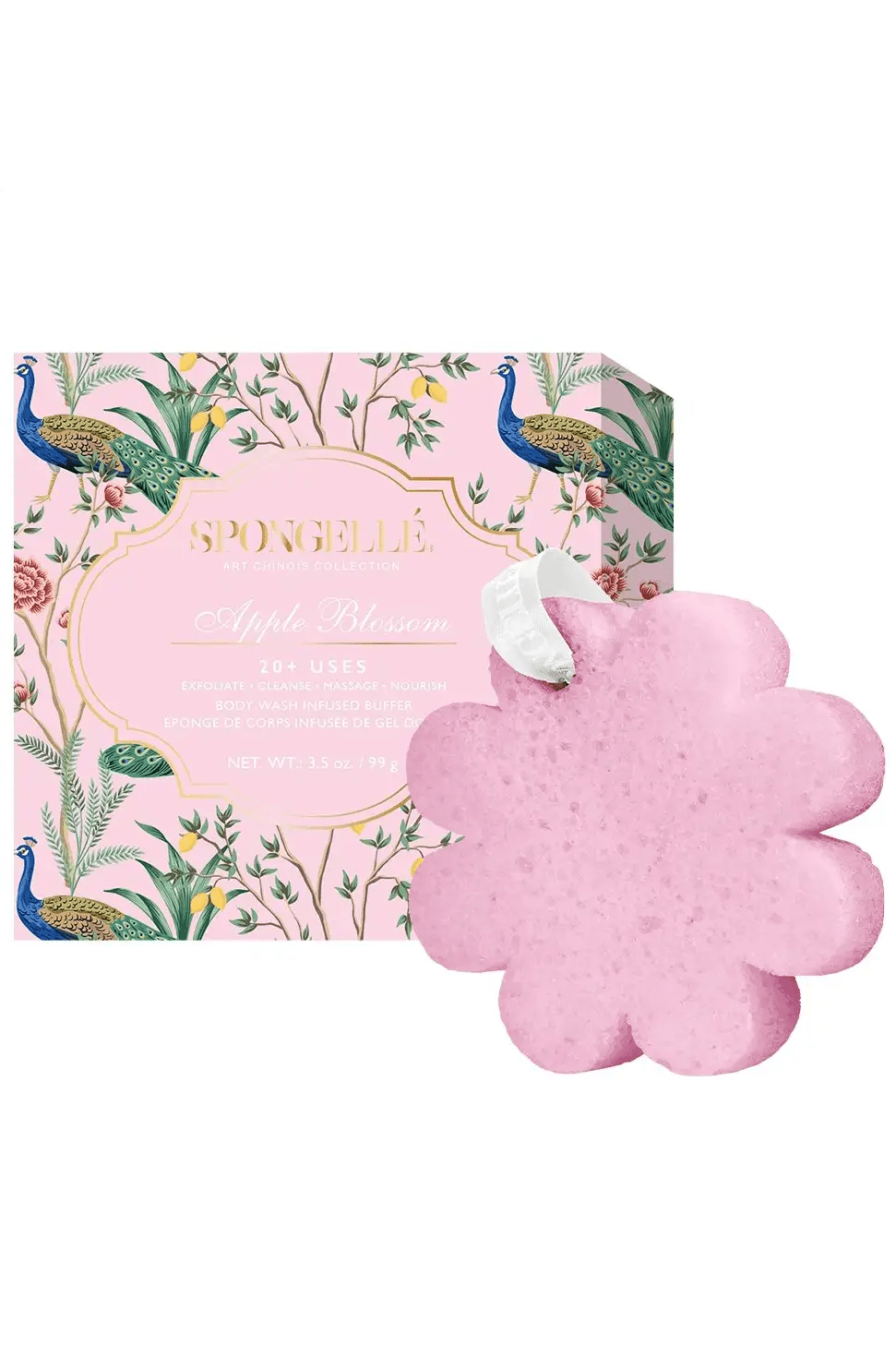 Pink flower-shaped product with decorative packaging featuring peacocks on a white background