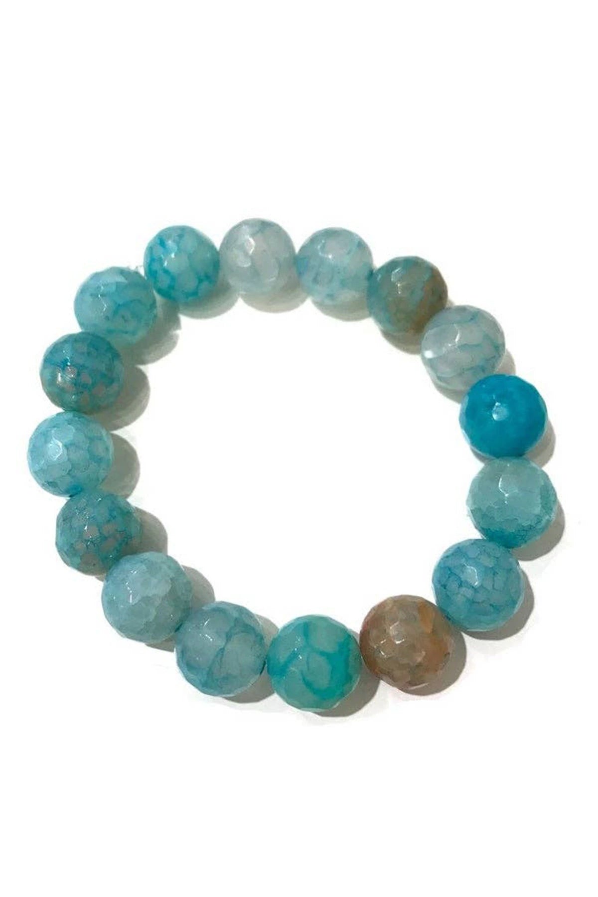 Aquamarine Natural Gemstone Stretch Bracelet on a white background showing the hue variations of soft to vibrant - L'Atelier Global