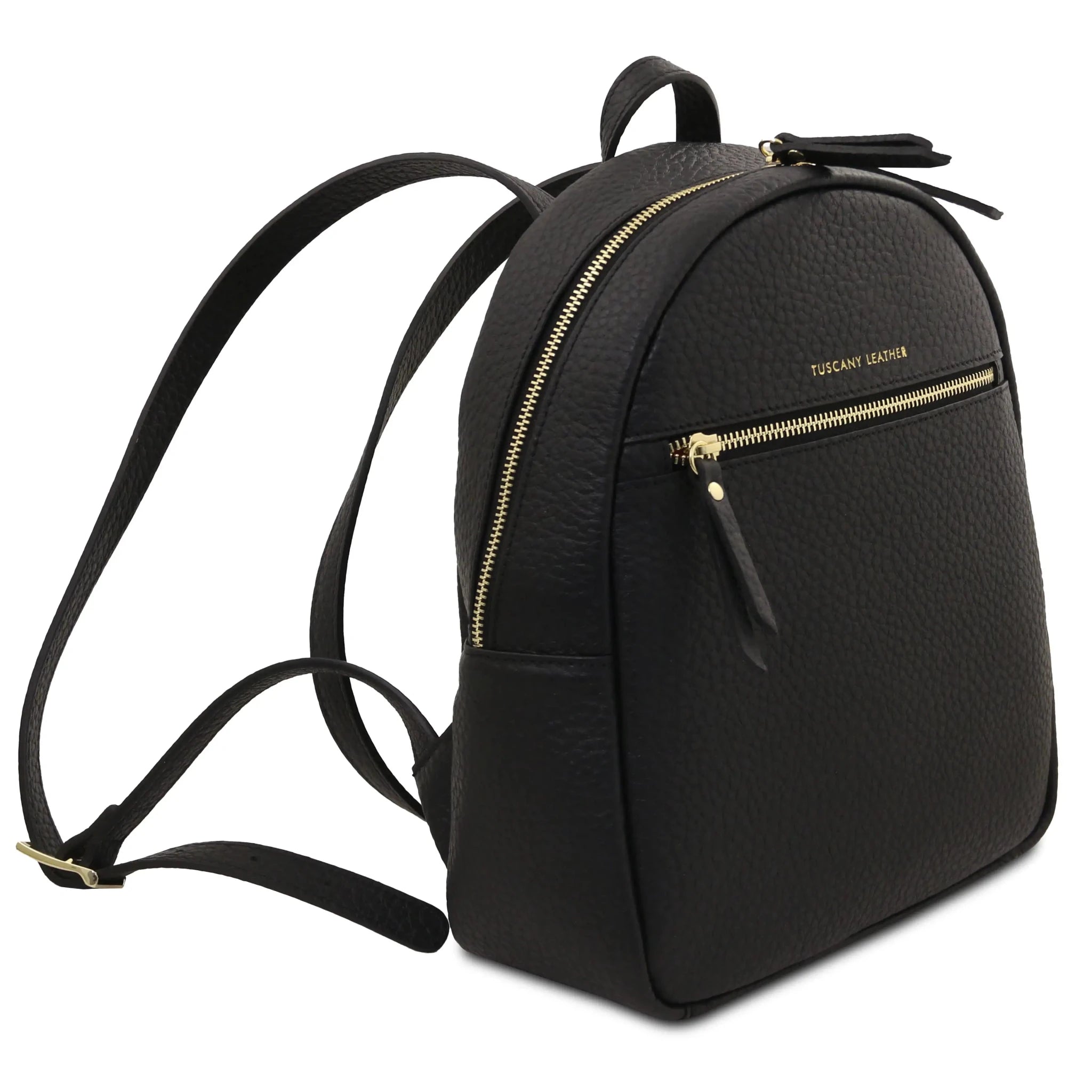 Front angled view Arco Italian Pebbled Leather Backpack in Black