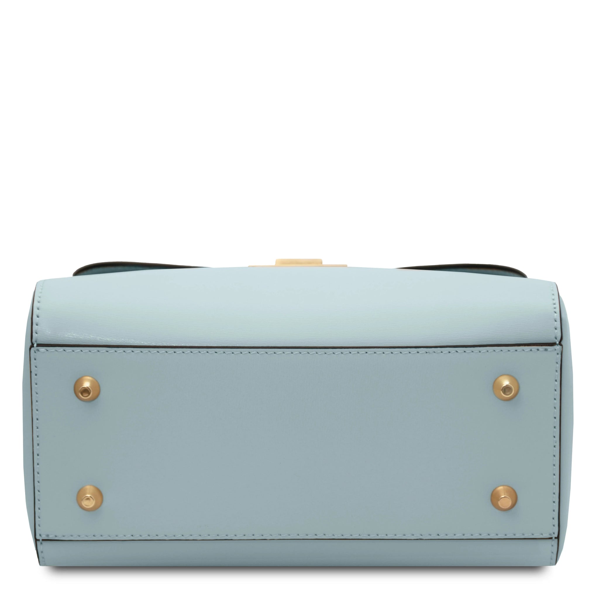 Bottom view Armonia Leather Handbag in Light Blue showing golden protective feet
