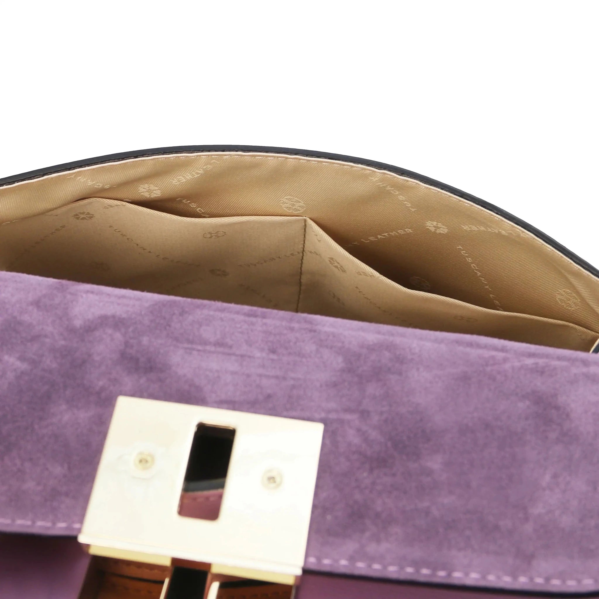 Interior Open Pocket Beige Lining View Armonia Italian Leather Handbag in Lilac