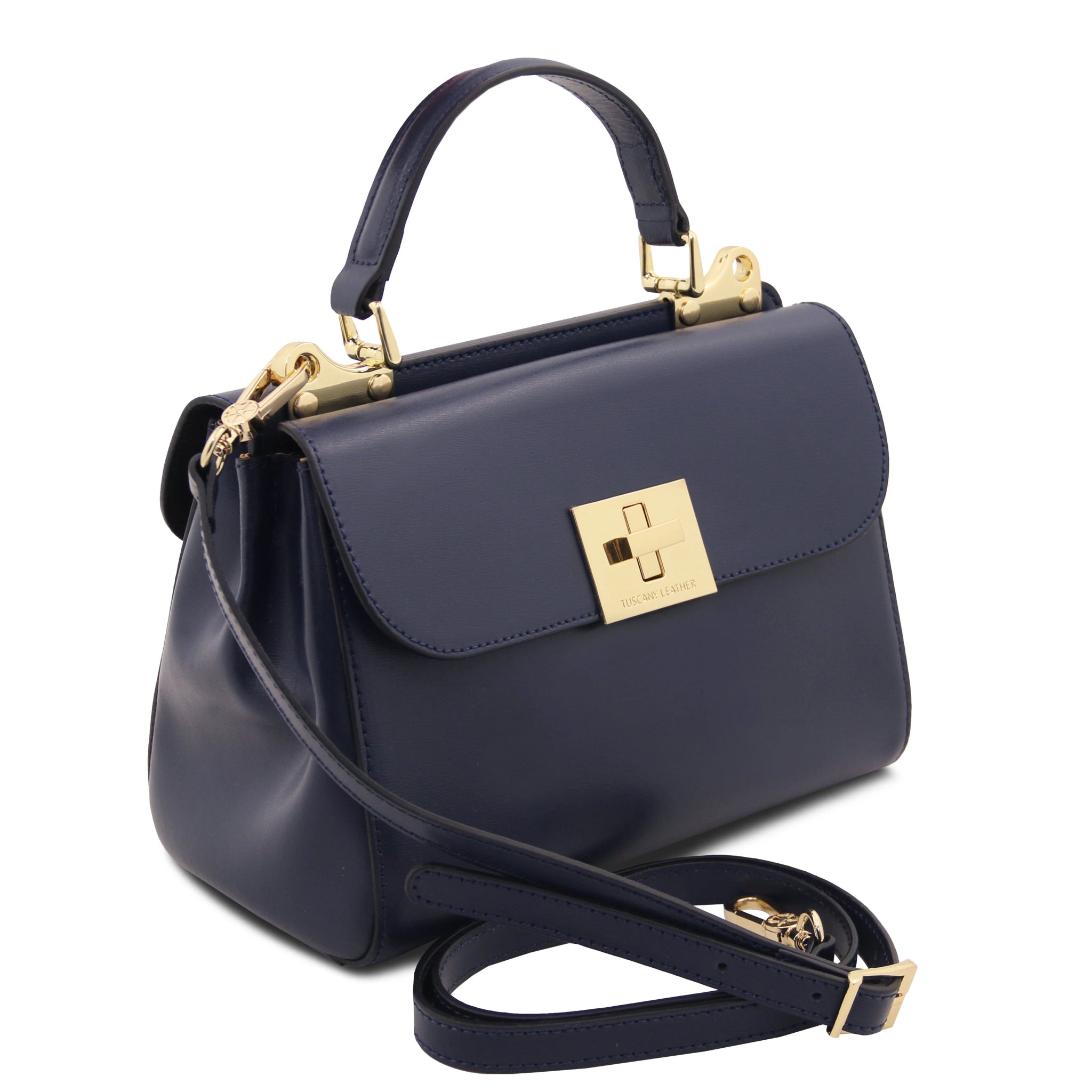 Armonia Italian Leather Handbag in Dark Blue Front View Showing Shoulder Strap