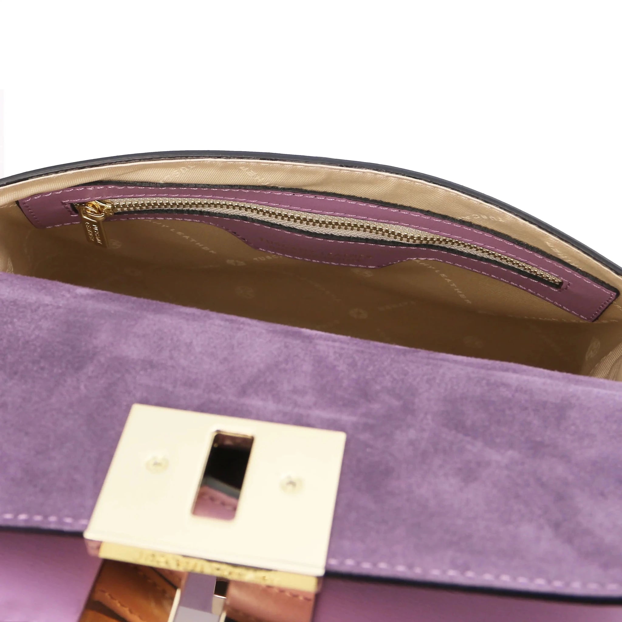 Interior Zip Pocket Beige Lining View Armonia Italian Leather Handbag in Lilac
