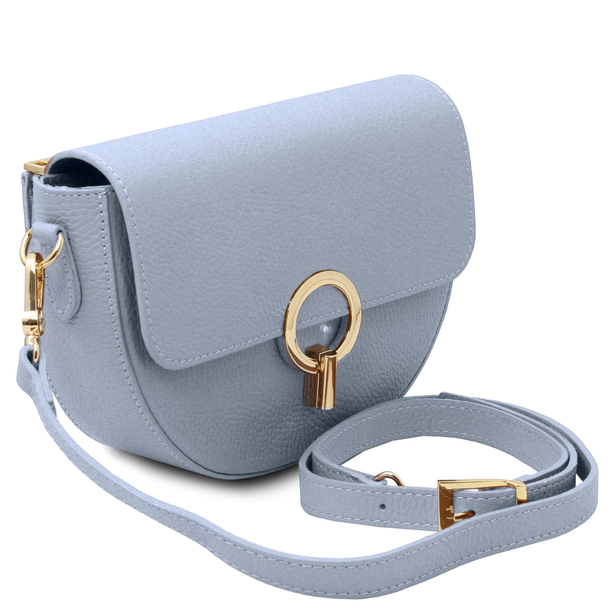 Front view Astrea Leather Shoulder Bag in light blue on a white background detachable showing shoulder strap
