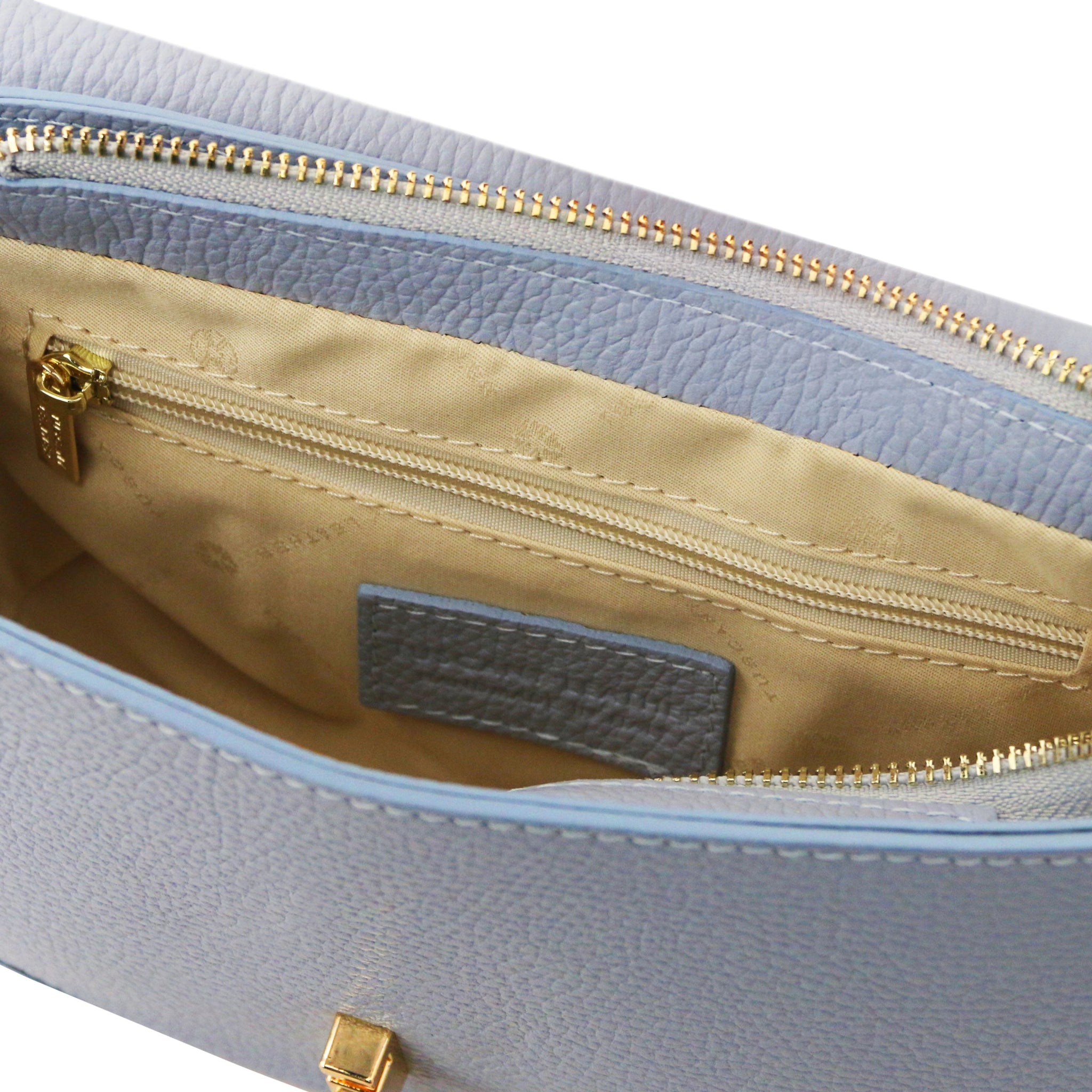 Interior zip pocket view Astrea Italian Leather Shoulder Bag in light blue - L'Atelier Global