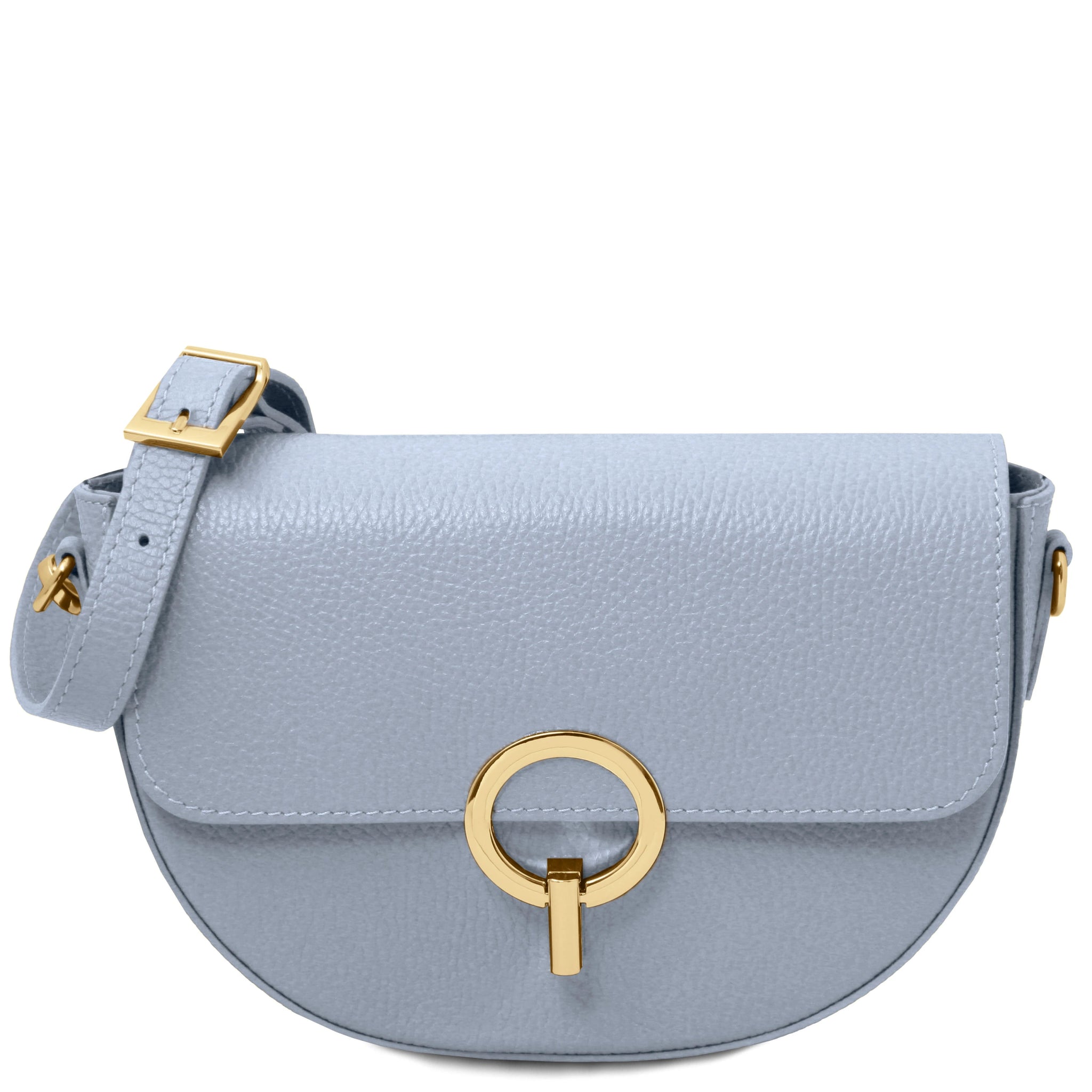 Front view Astrea Leather Shoulder Bag in light blue on a white background showing gold accented magnetic front flap closure and shoulder strap