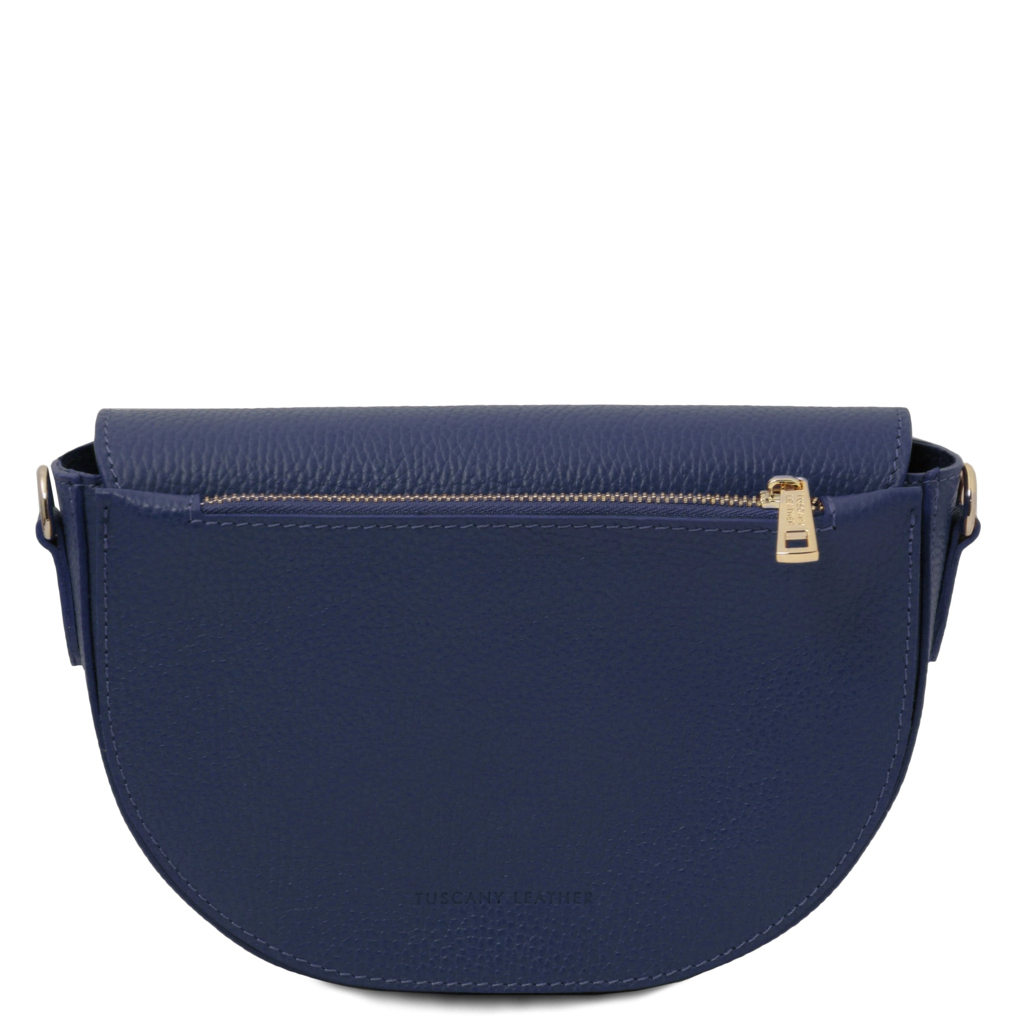Back view Astrea Leather Shoulder Bag in light blue on a white background showing gold accented large zippered pocket