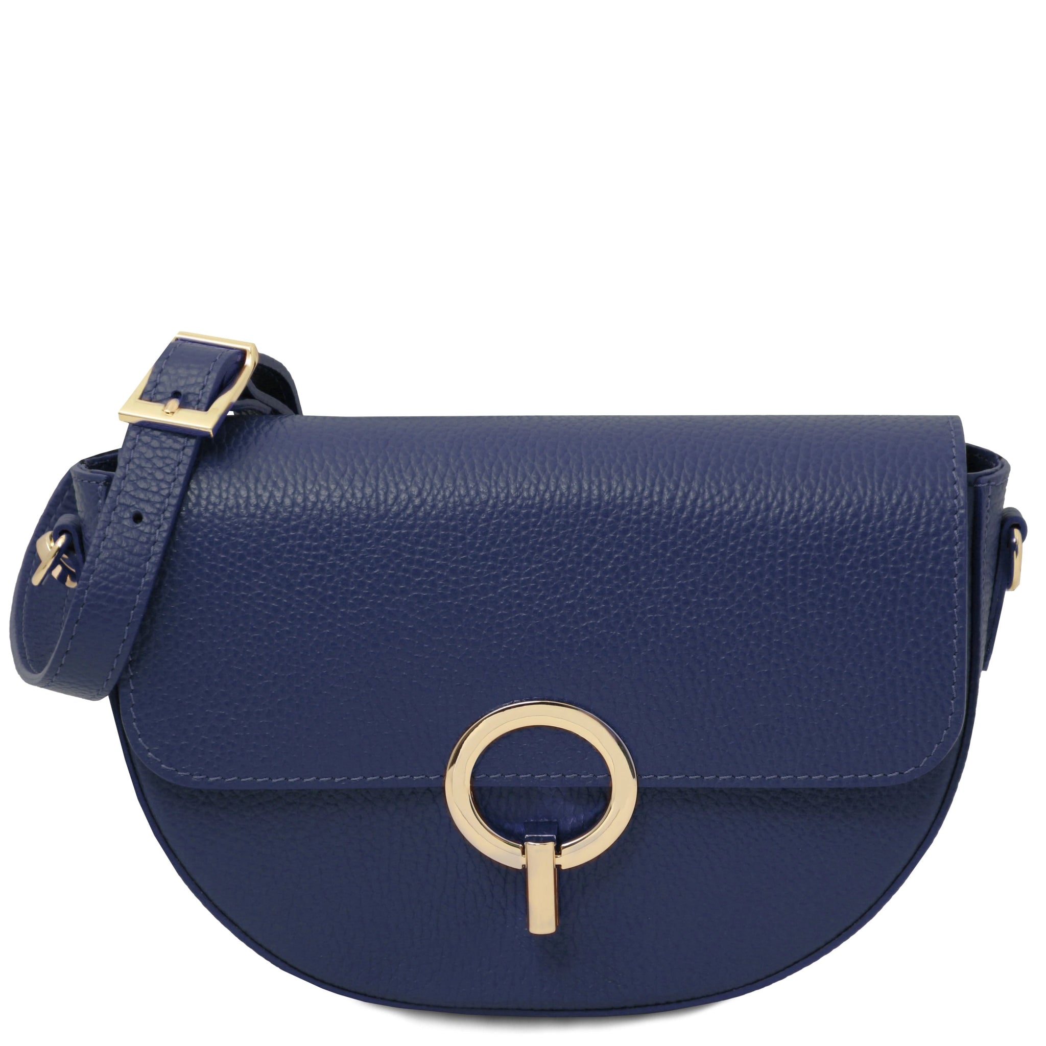 Front view Astrea Leather Shoulder Bag in dark blur on a white background showing gold accented magnetic front flap closure and shoulder strap