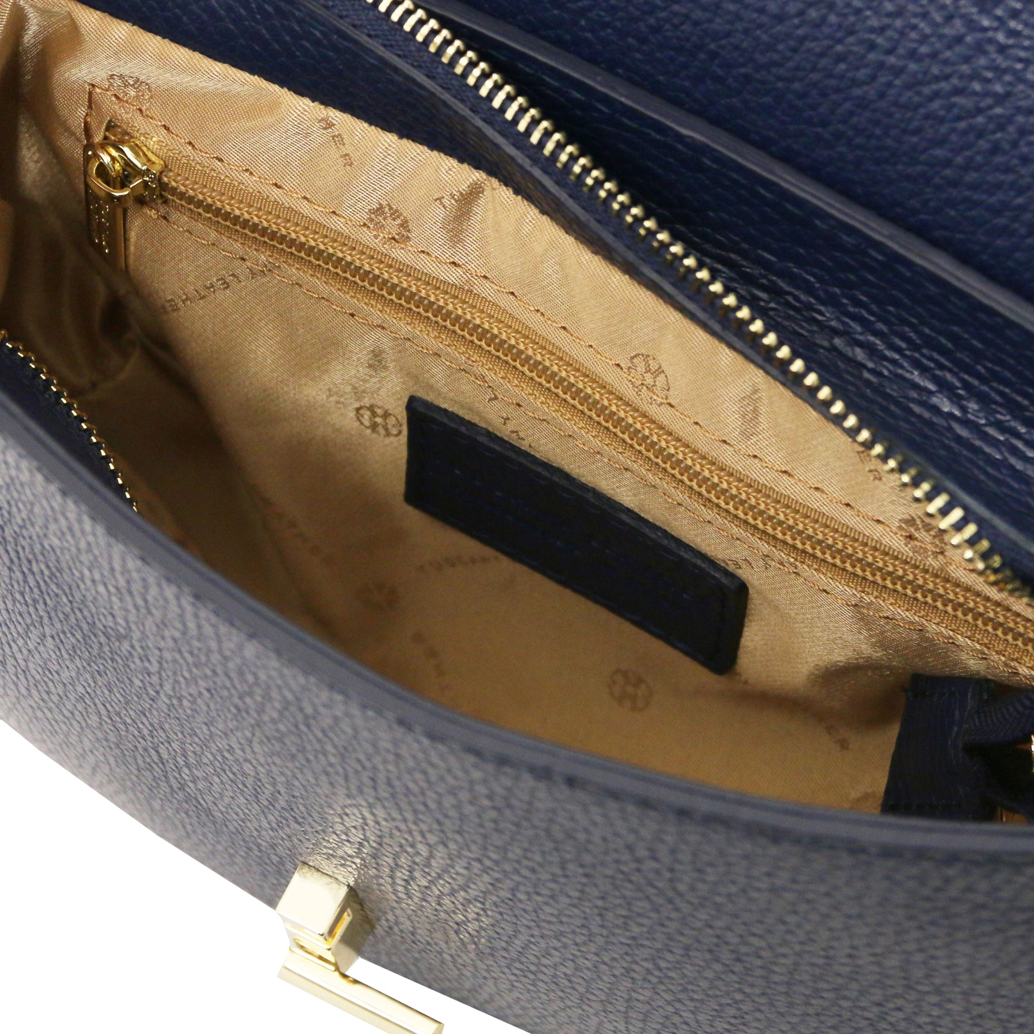 Interior zip pocket view Astrea Italian Leather Shoulder Bag in dark blue - L'Atelier Global