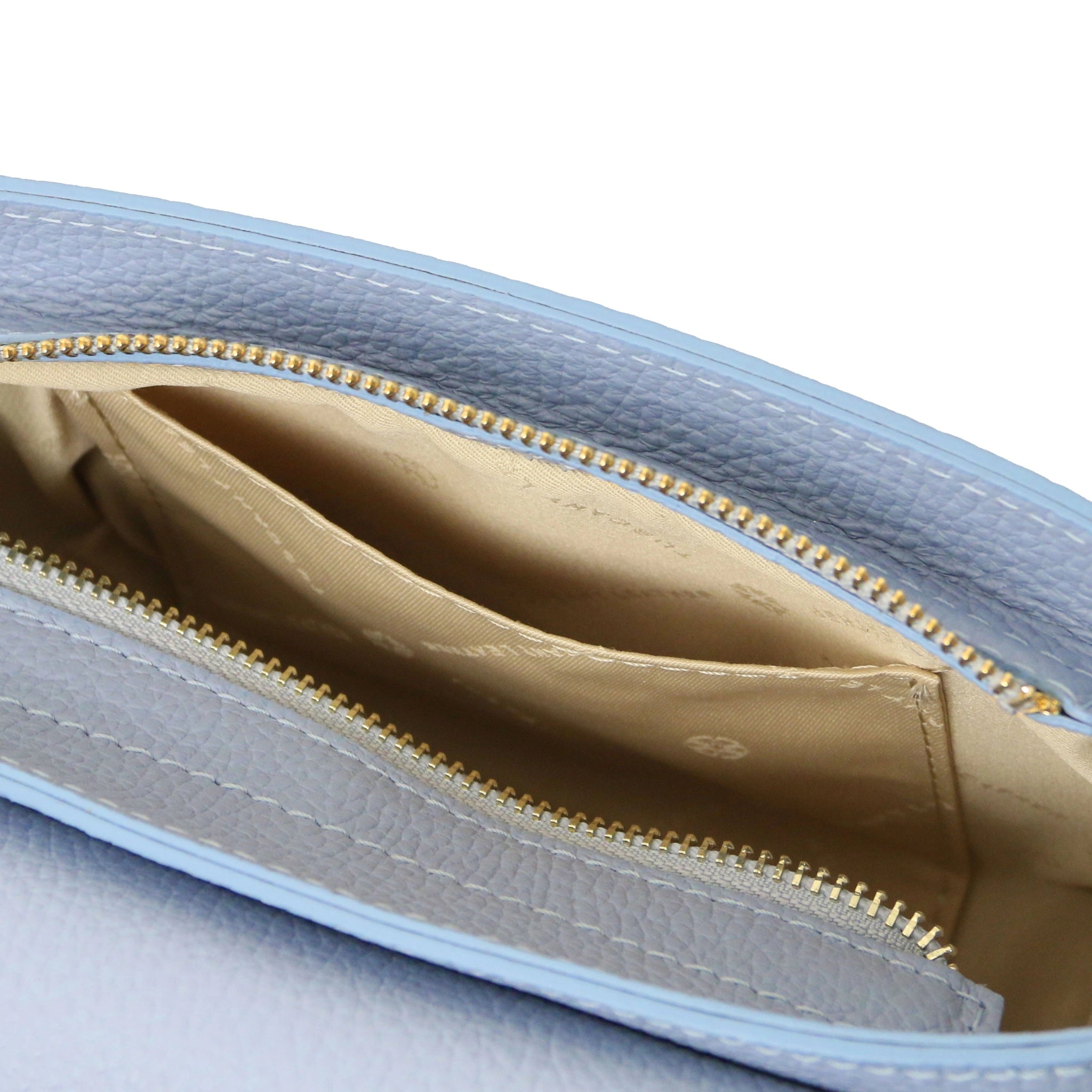 Interior opened pocket view Astrea Italian Leather Shoulder Bag in light blue - L'Atelier Global