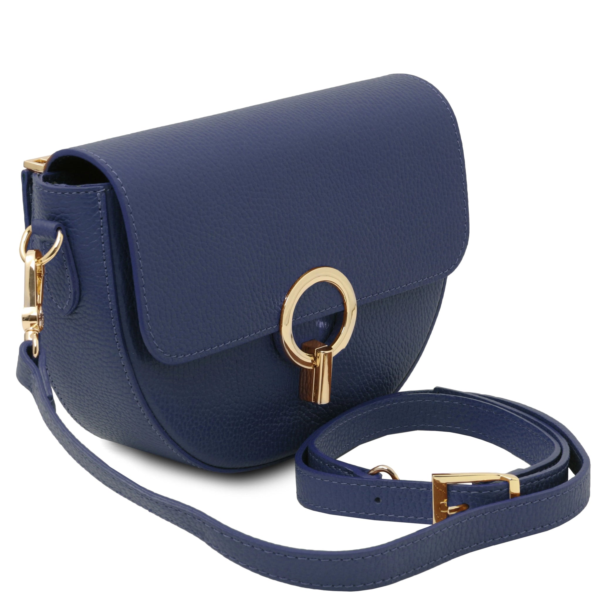 Front view Astrea Leather Shoulder Bag in navy on a white background detachable showing shoulder strap