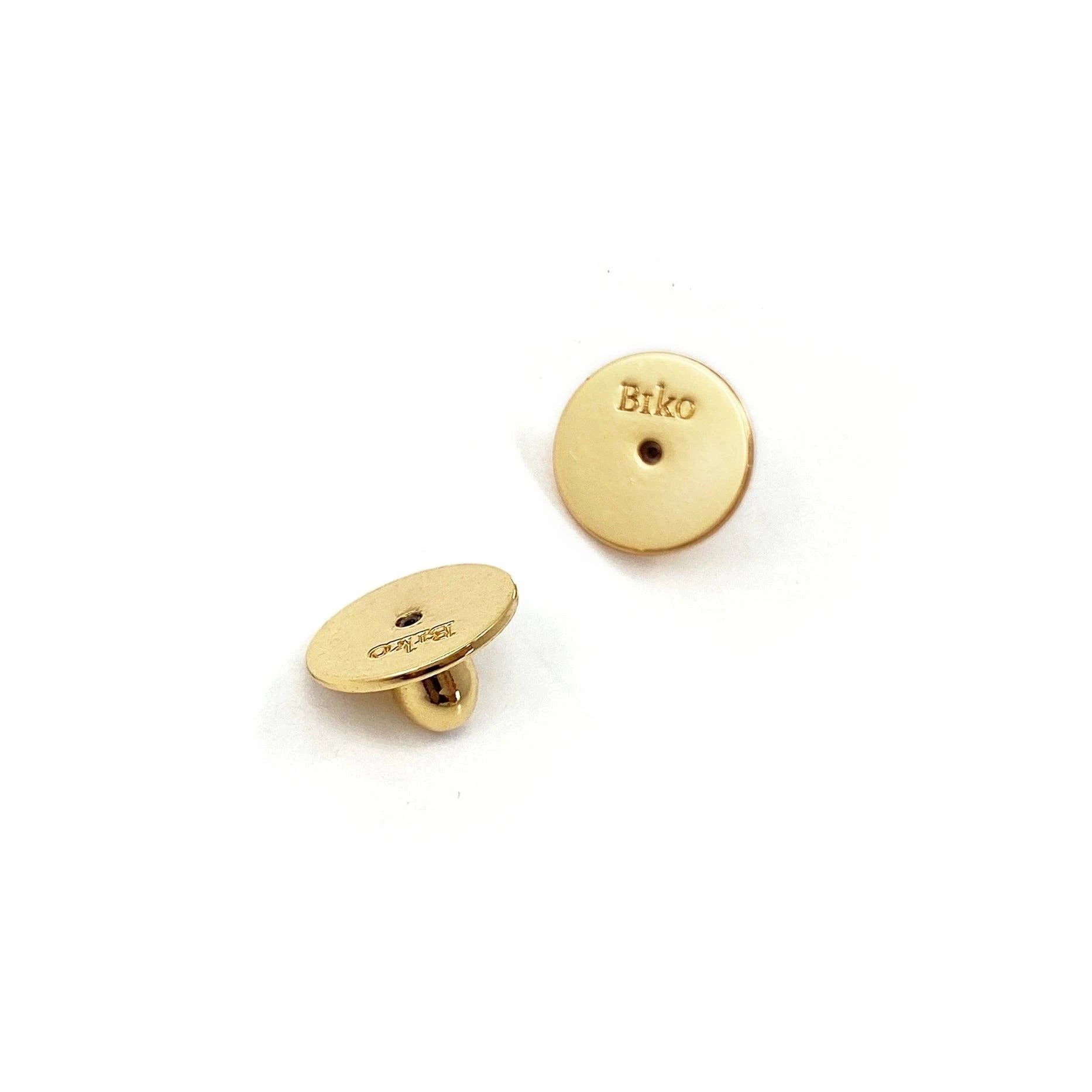 Aya Infinity Gold Post Earring safety backs on a white background showing the Biko artisan branding.