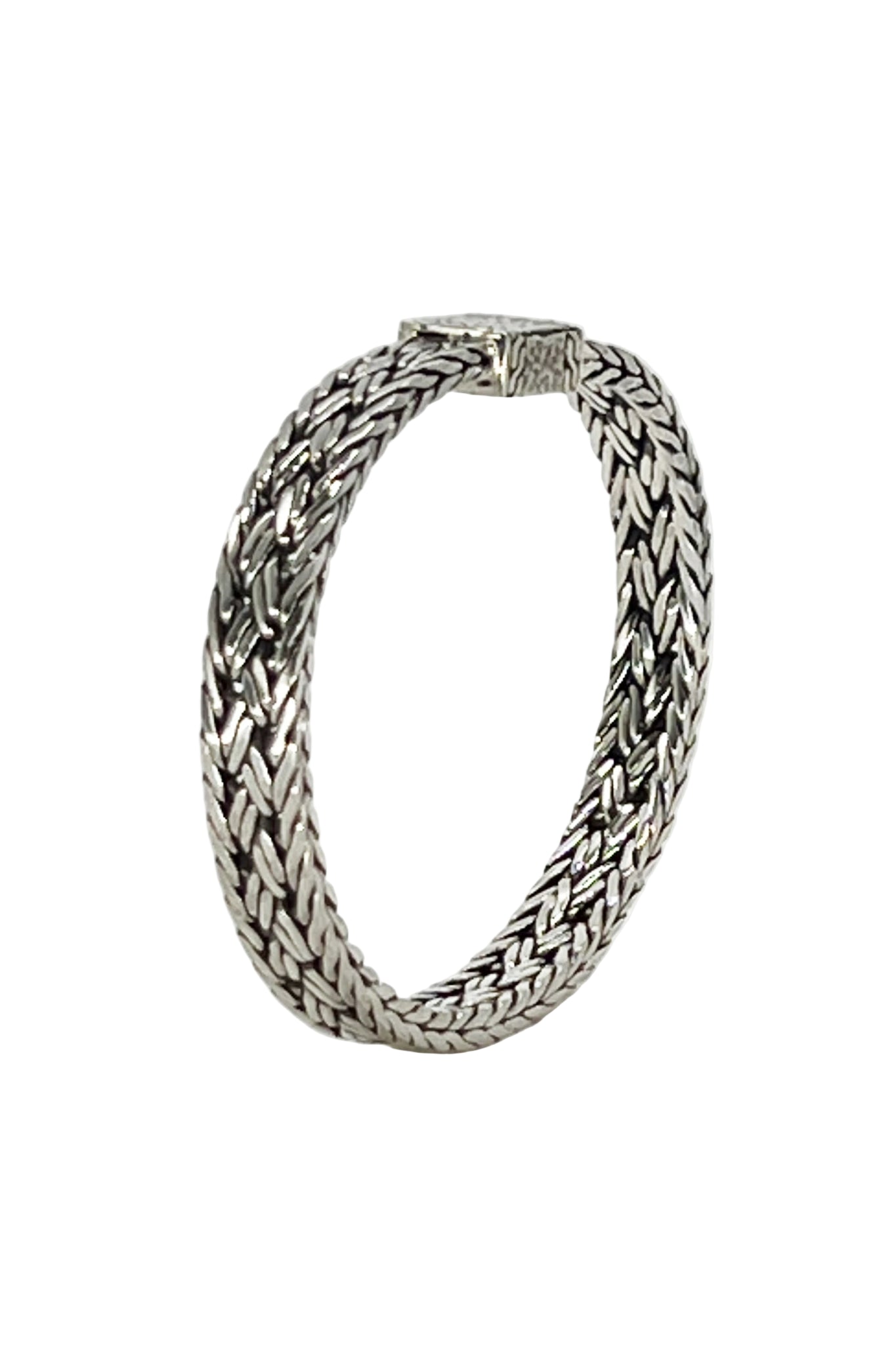 Balinese Woven Sterling Silver Bracelet standing upward on white background