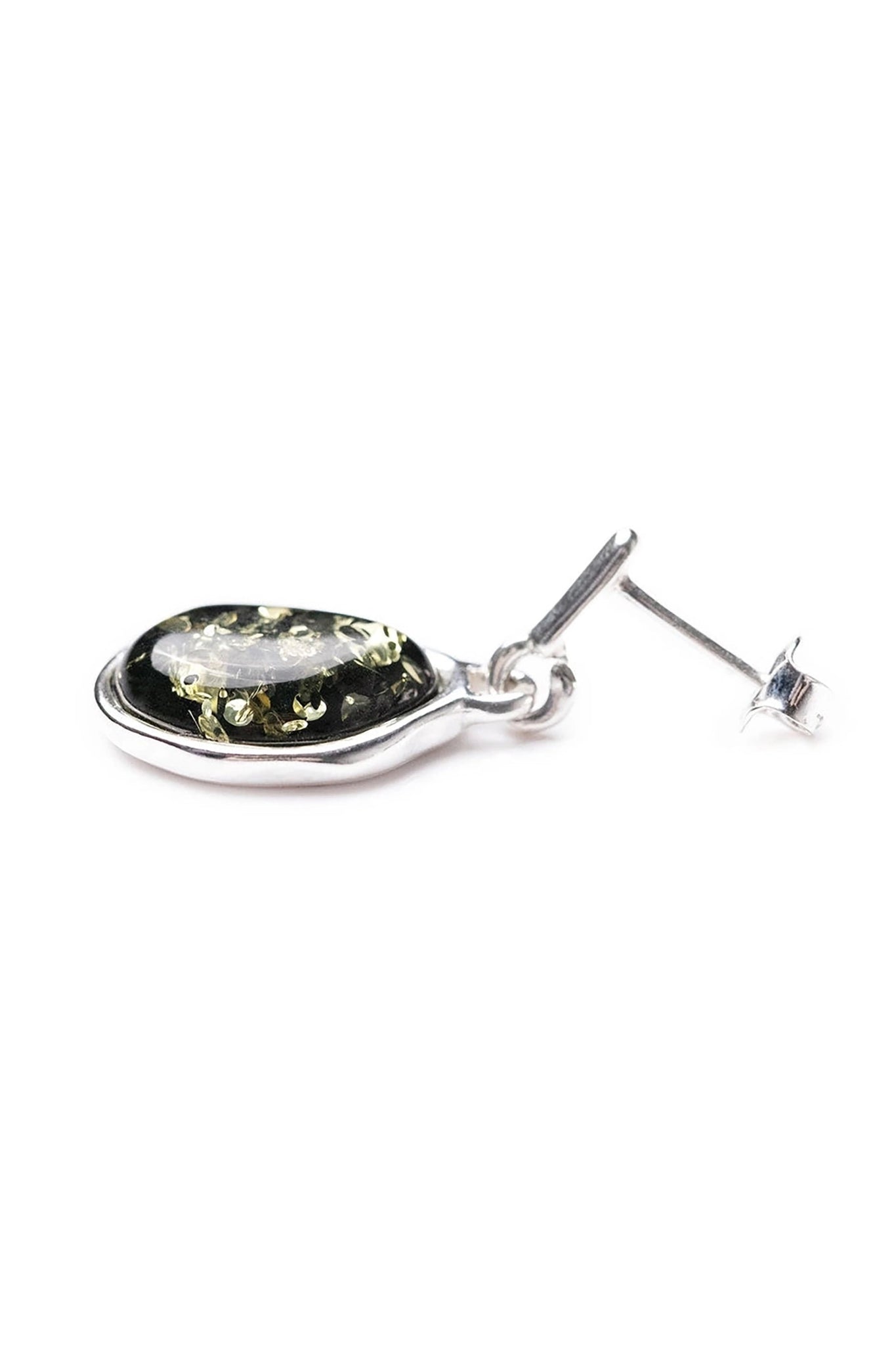 Baltic Green Amber Asymmetrical Sterling Silver Drop Earrings on a white background
