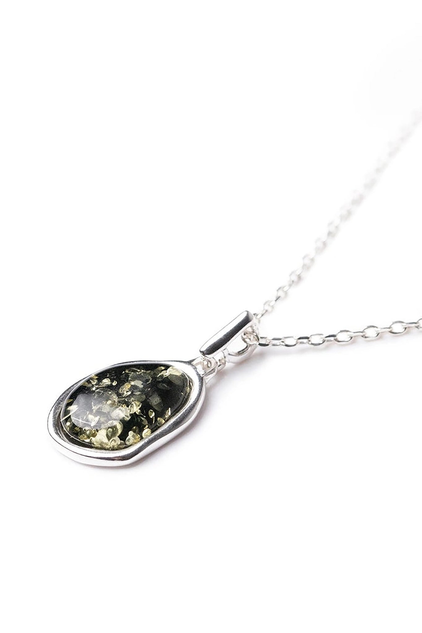 Baltic Green Amber Element Silver Pendant Necklace on a white background