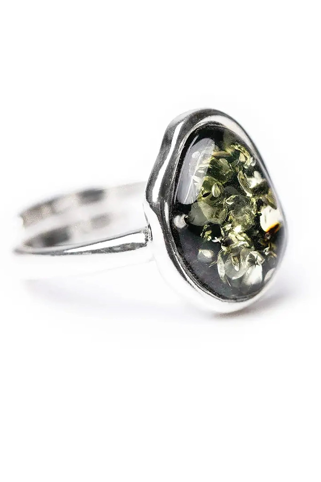 Baltic Green Amber Element Solitaire Adjustable Ring is in front of a white background