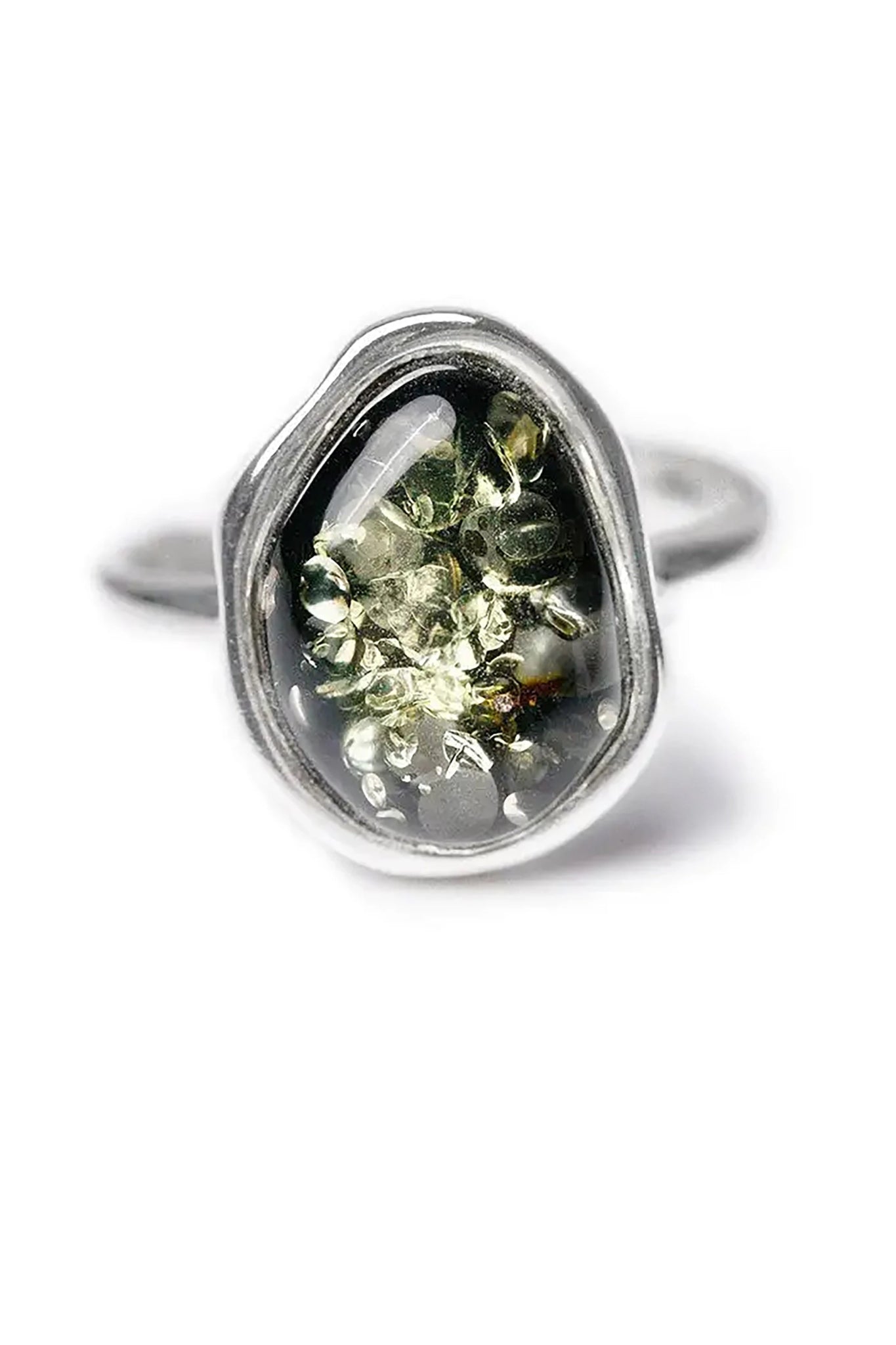 Baltic Green Amber Element Solitaire Adjustable Ring is in front of a white background