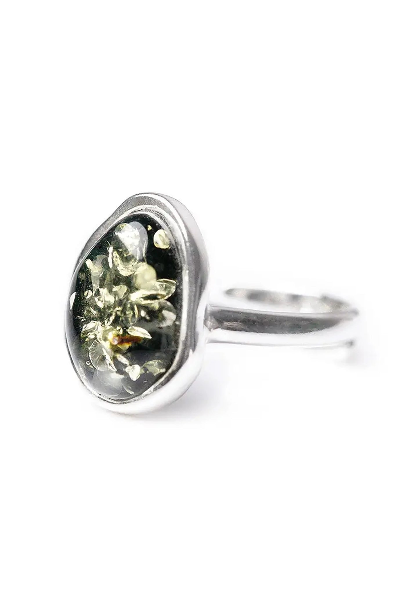 Baltic Green Amber Element Solitaire Adjustable Ring is in front of a white background