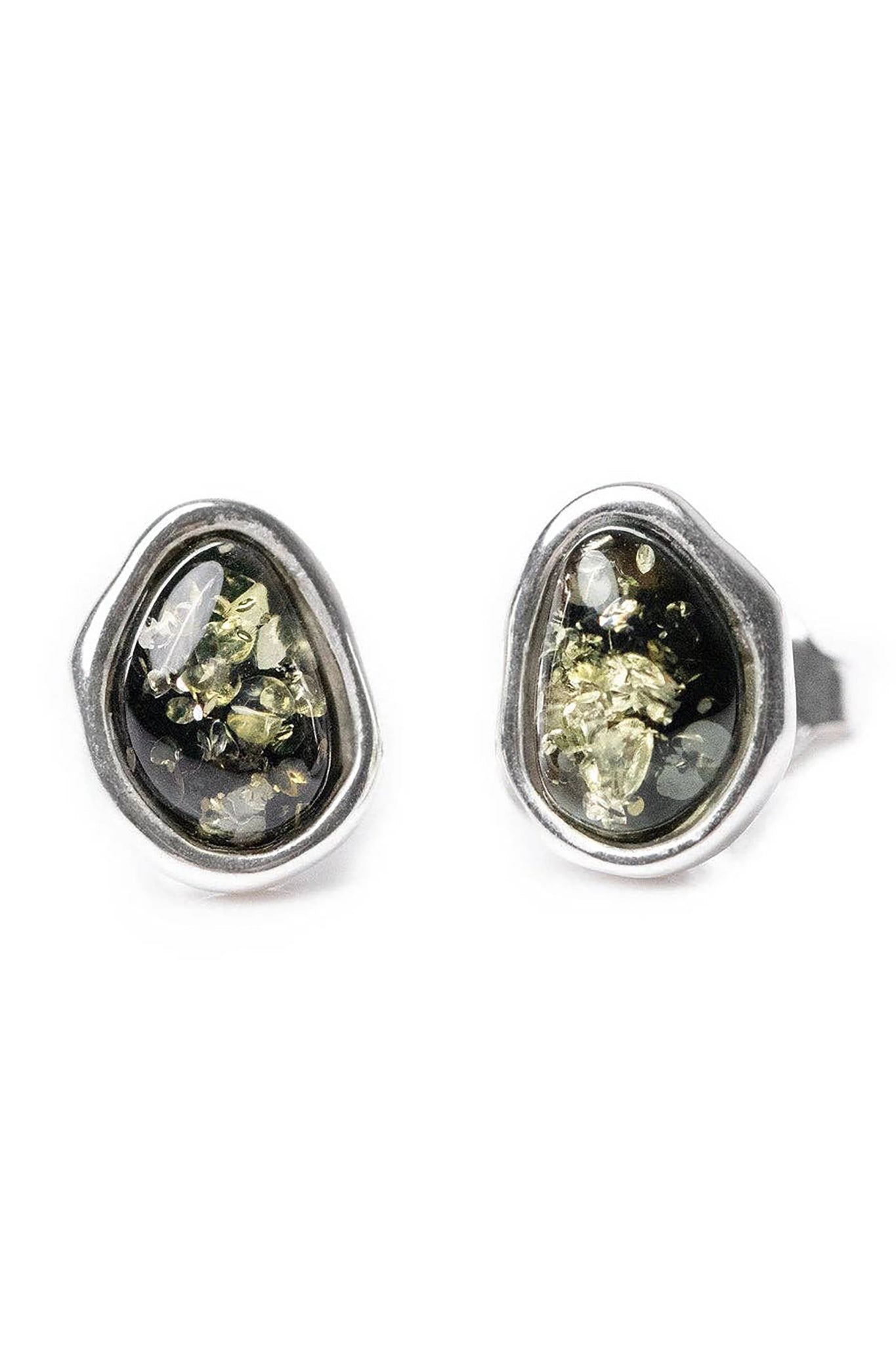 Baltic Green Amber Element Stud Sterling Silver Earrings on a white background