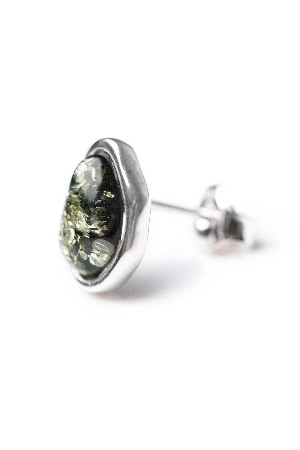 Baltic Green Amber Element Stud Sterling Silver Earrings on a white background