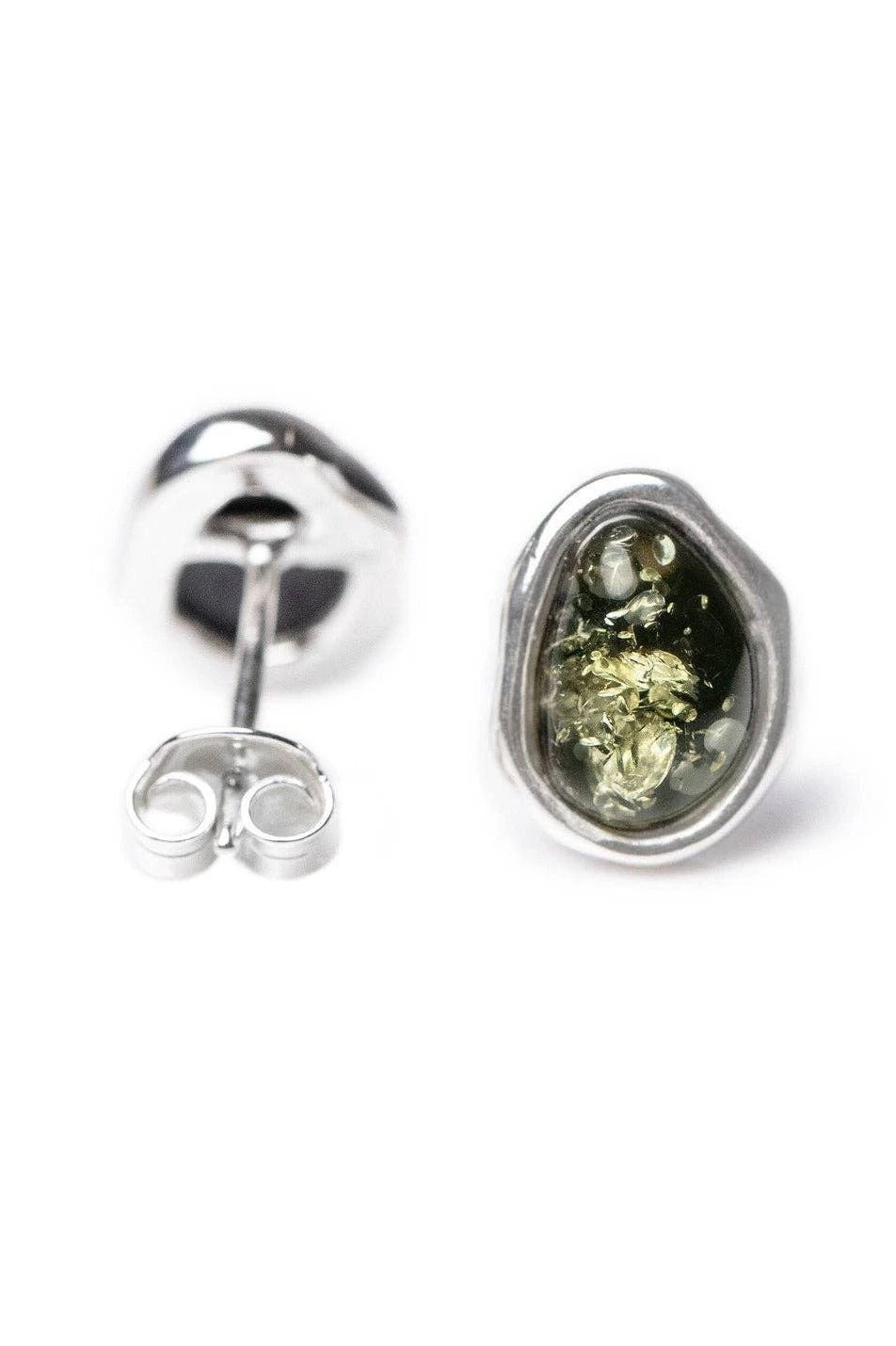Baltic Green Amber Element Stud Sterling Silver Earrings on a white background