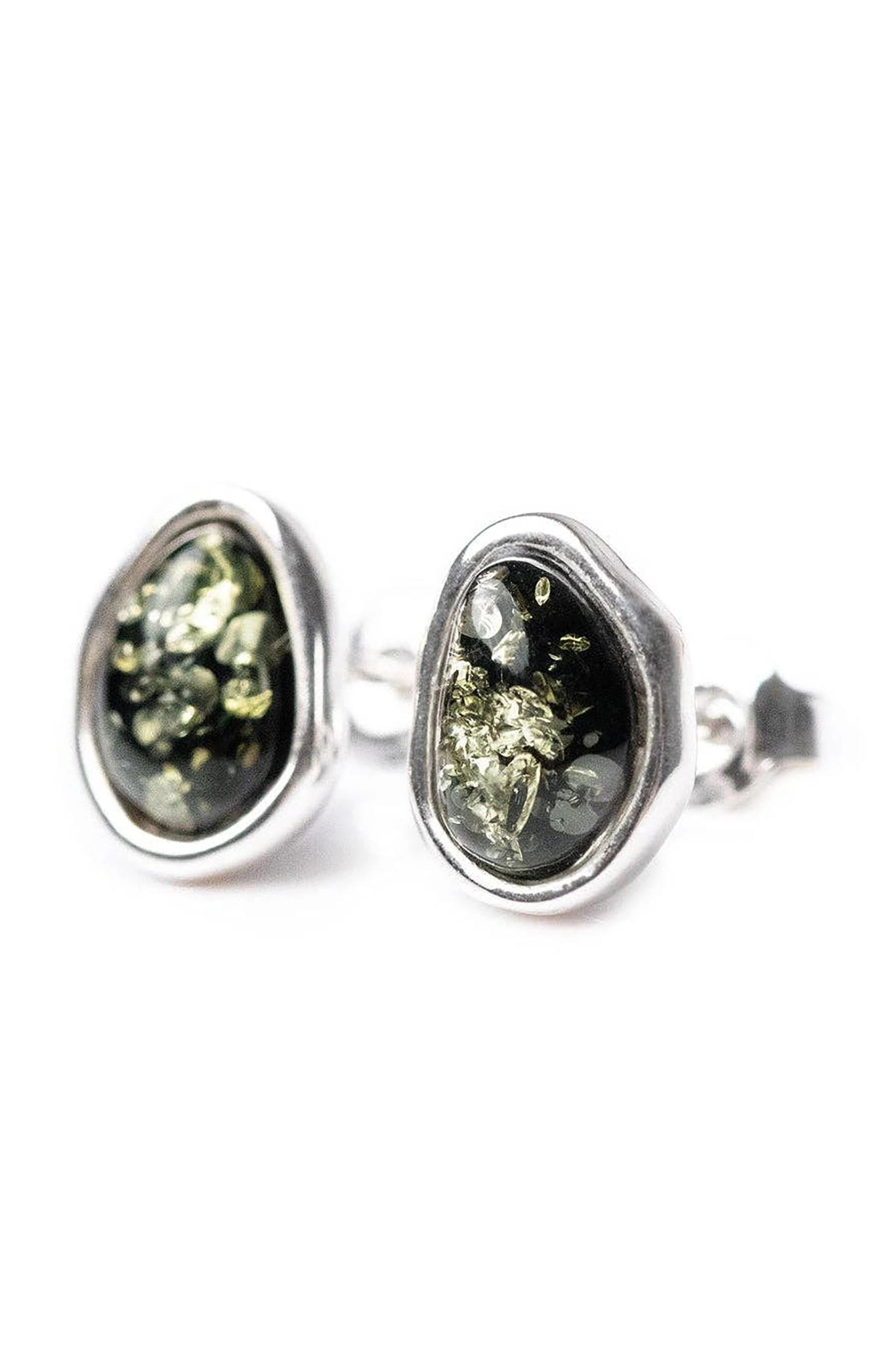 Baltic Green Amber Element Stud Sterling Silver Earrings on a white background