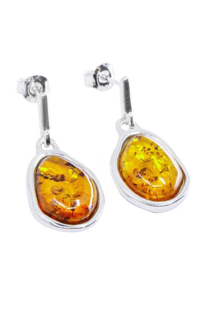 Baltic Honey Amber Asymmetrical Sterling Silver Drop Earrings on a white background