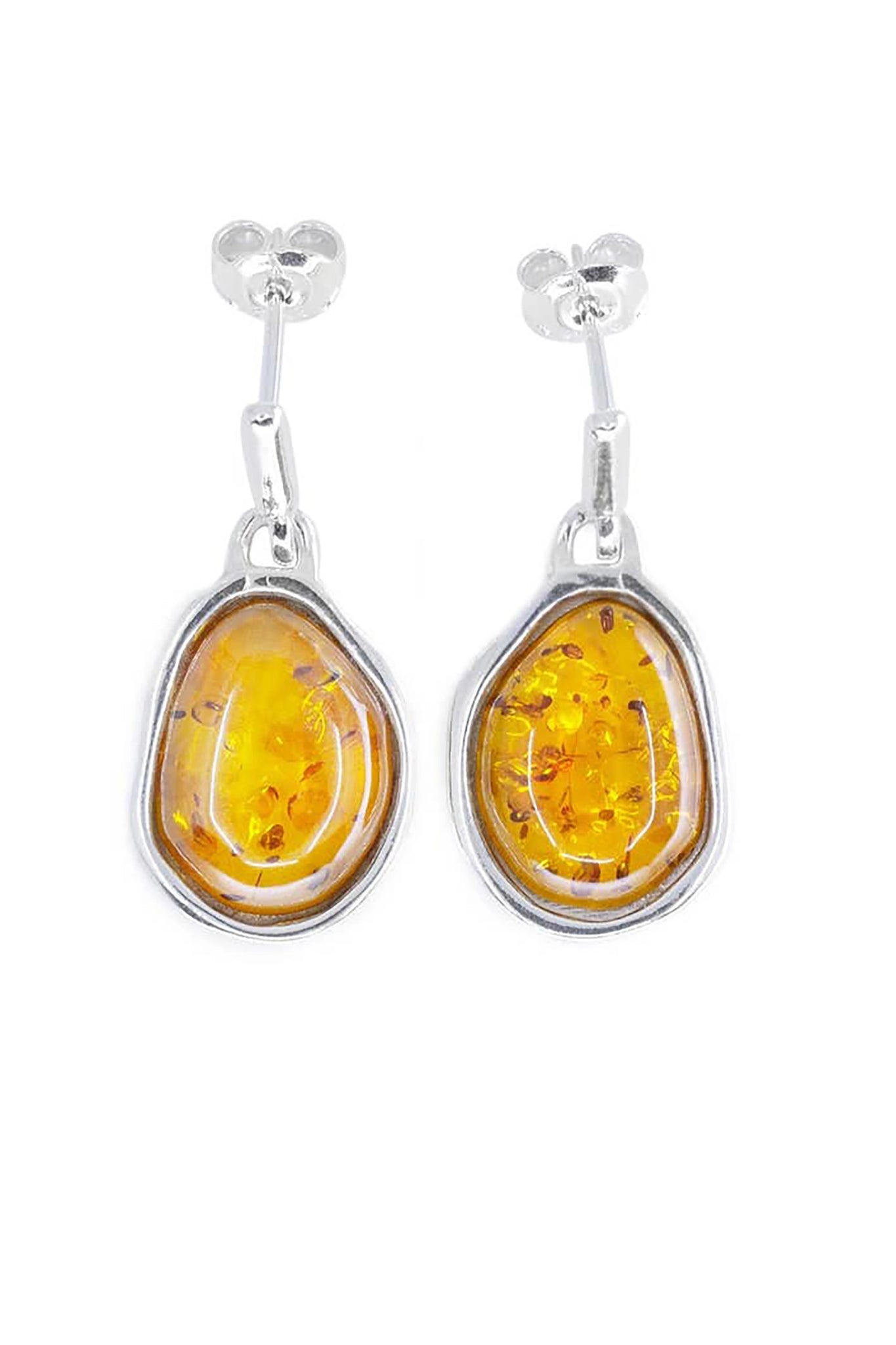 Baltic Honey Amber Asymmetrical Sterling Silver Drop Earrings on a white background