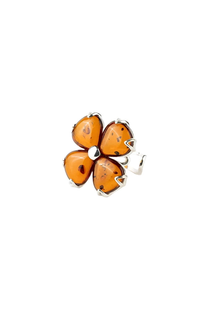 Baltic Honey Amber Daisy Adjustable Sterling Silver Ring on a white background