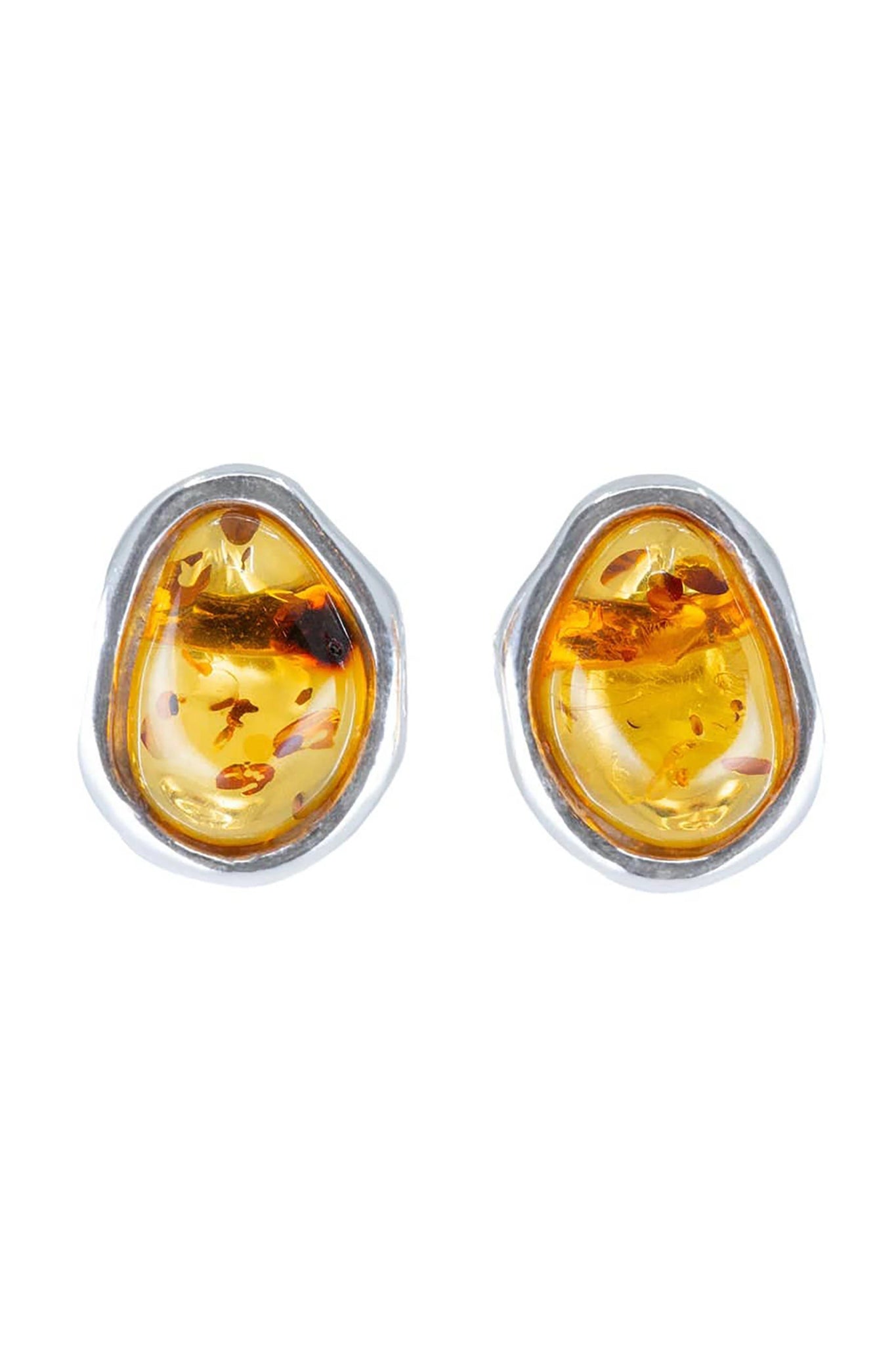Baltic Honey Amber Element Stud Sterling Silver Earrings are on a white background