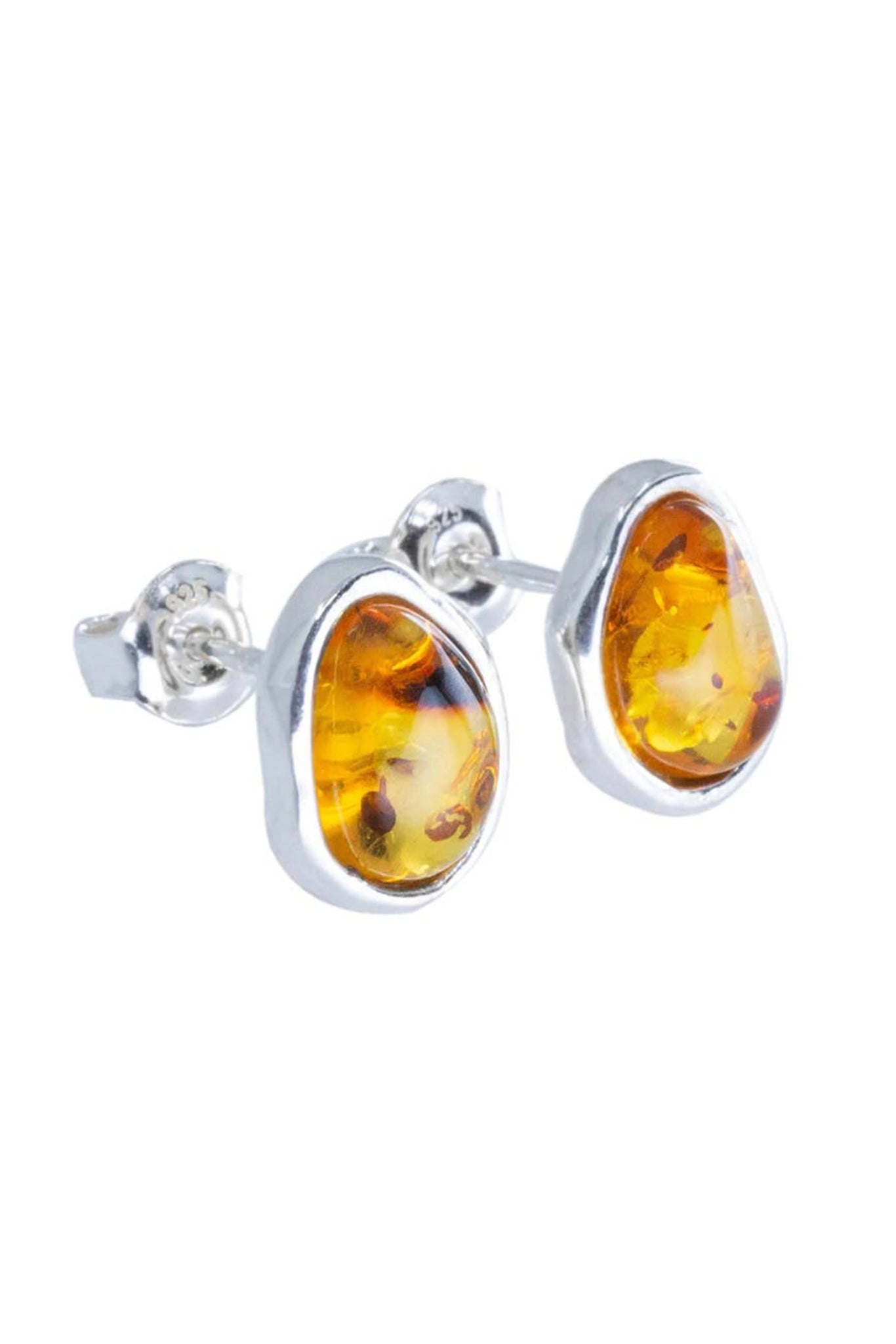 Baltic Honey Amber Element Stud Sterling Silver Earrings are on a white background