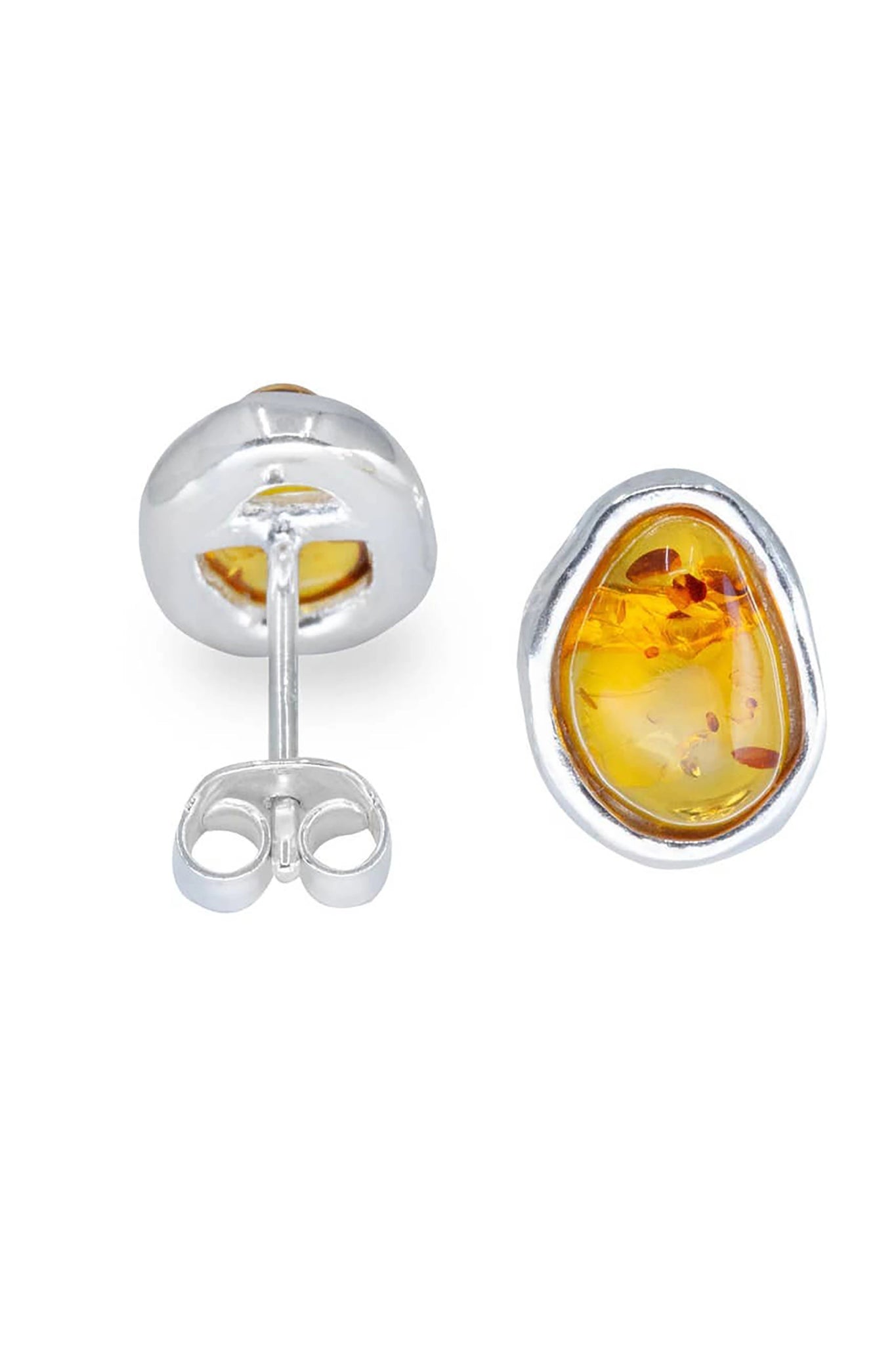 Baltic Honey Amber Element Stud Sterling Silver Earrings showing the earring's front and back are on a white background