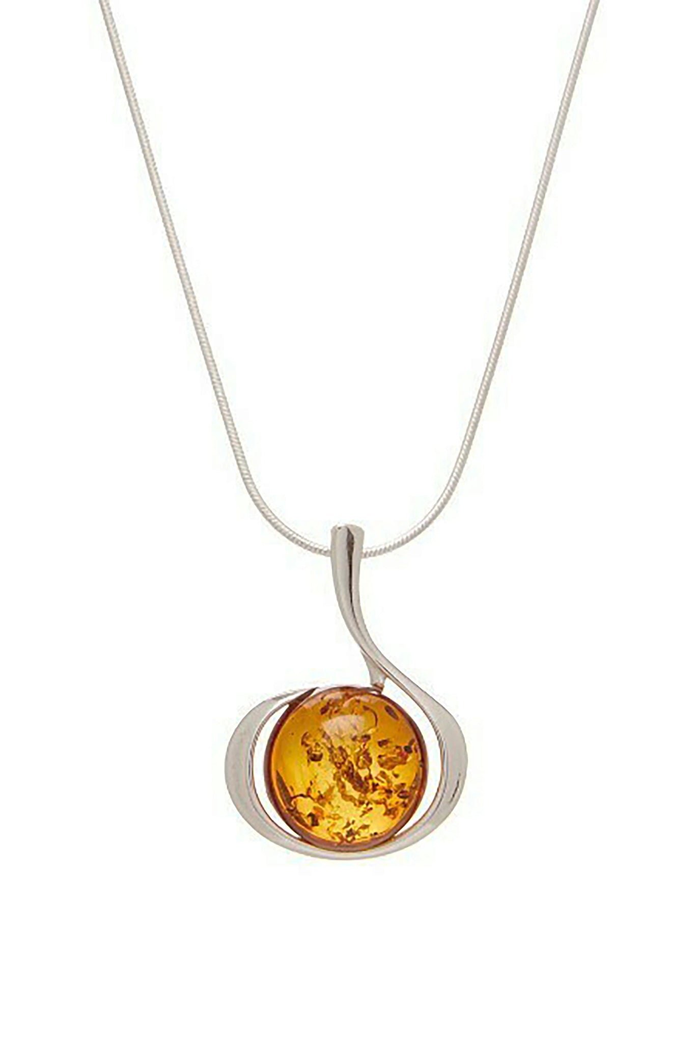 Baltic Honey Amber Sculptured Swirl Drop Necklace on a white background showing the artful detail of the honey amber stone.