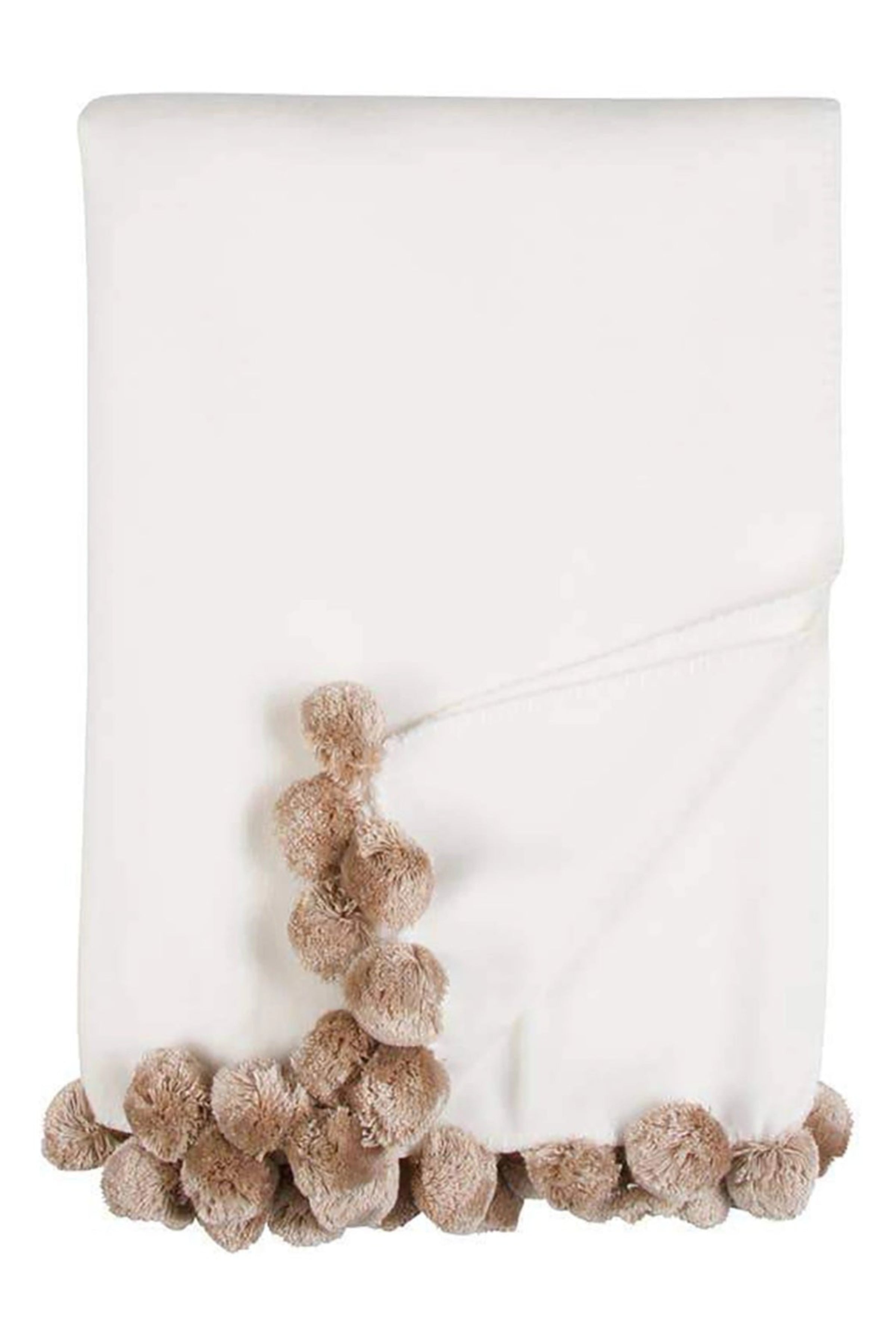 Bamboo Luxxe Pom Pom Throw in white with camel pom poms folded on a white background