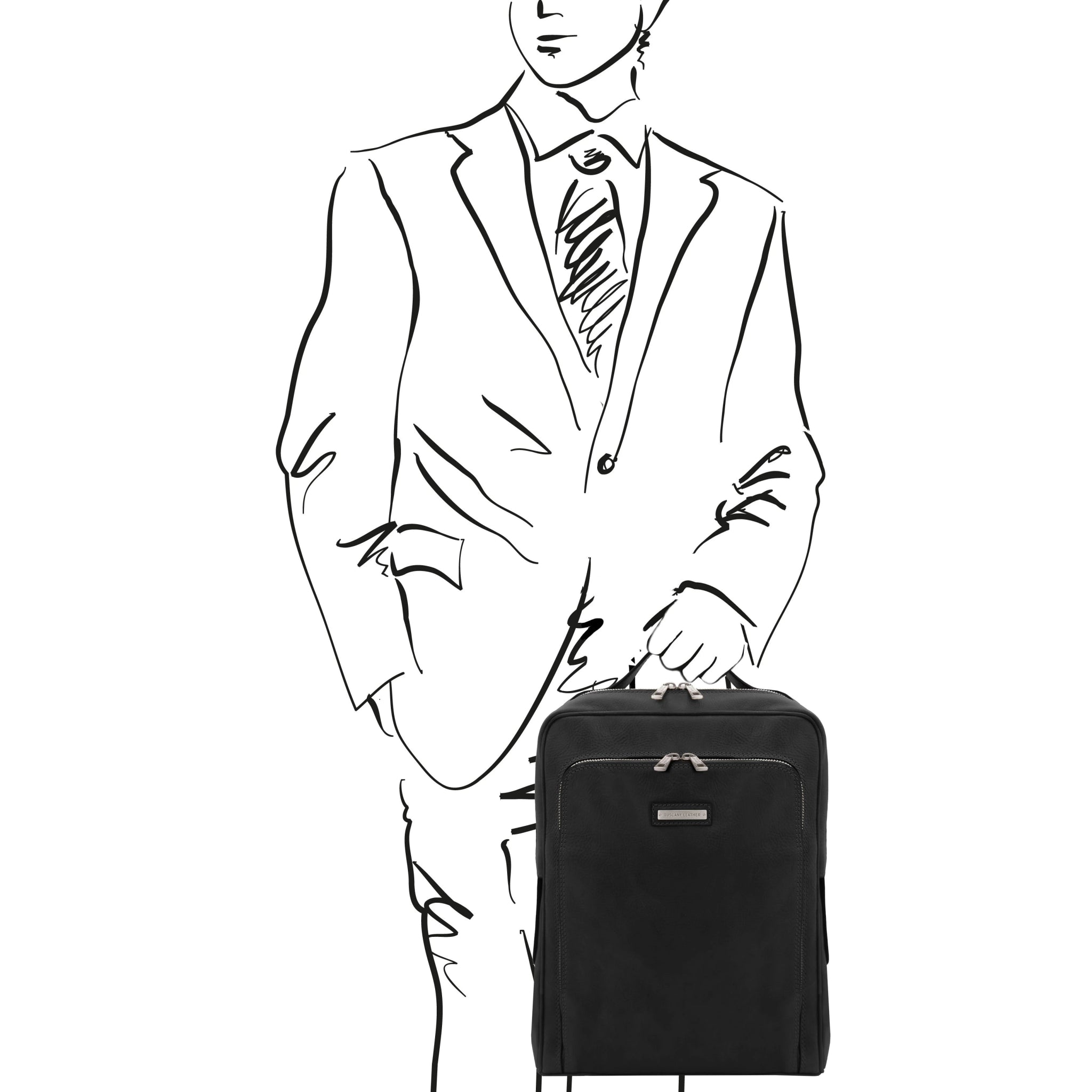 Outline of a man in a suit holding a black suitcase on a white background