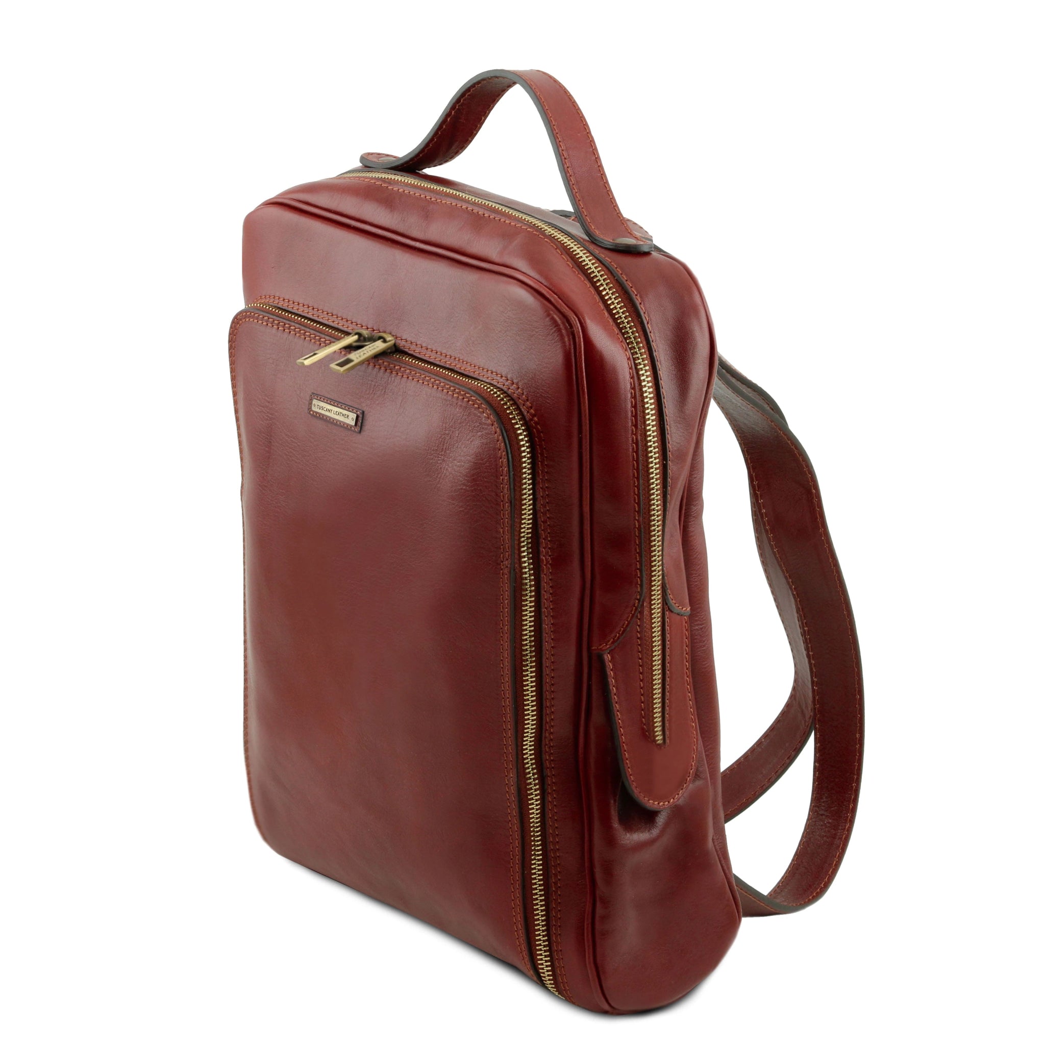 Brown leather backpack front angled view with gold zippers on a white background
