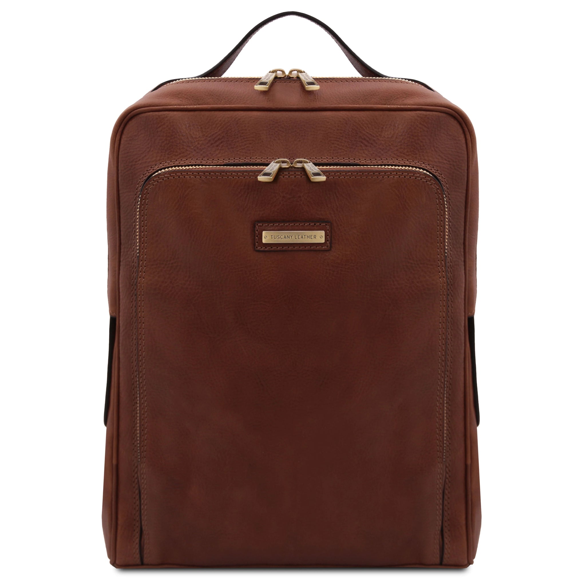 Brown leather backpack on a white background