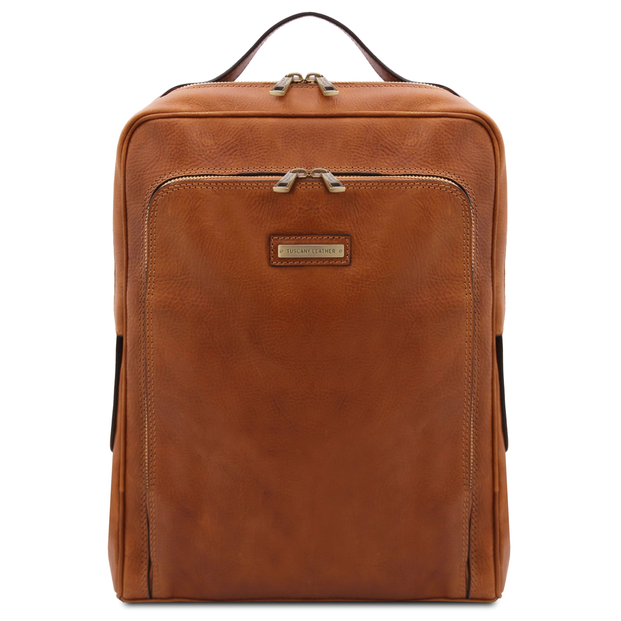 Natural leather backpack with gold zippers on a white background