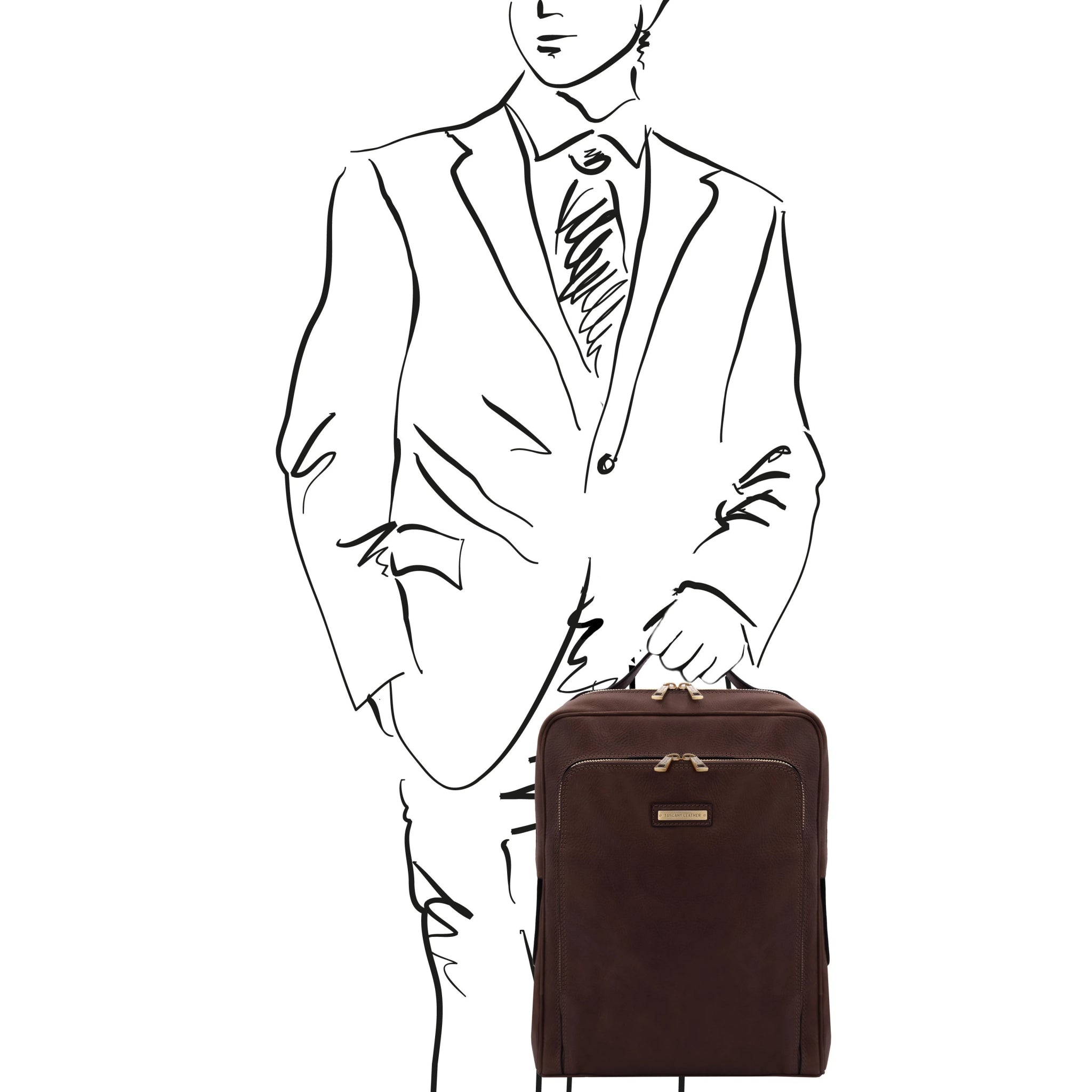 Outline of a man in a suit holding a dark brown suitcase on a white background