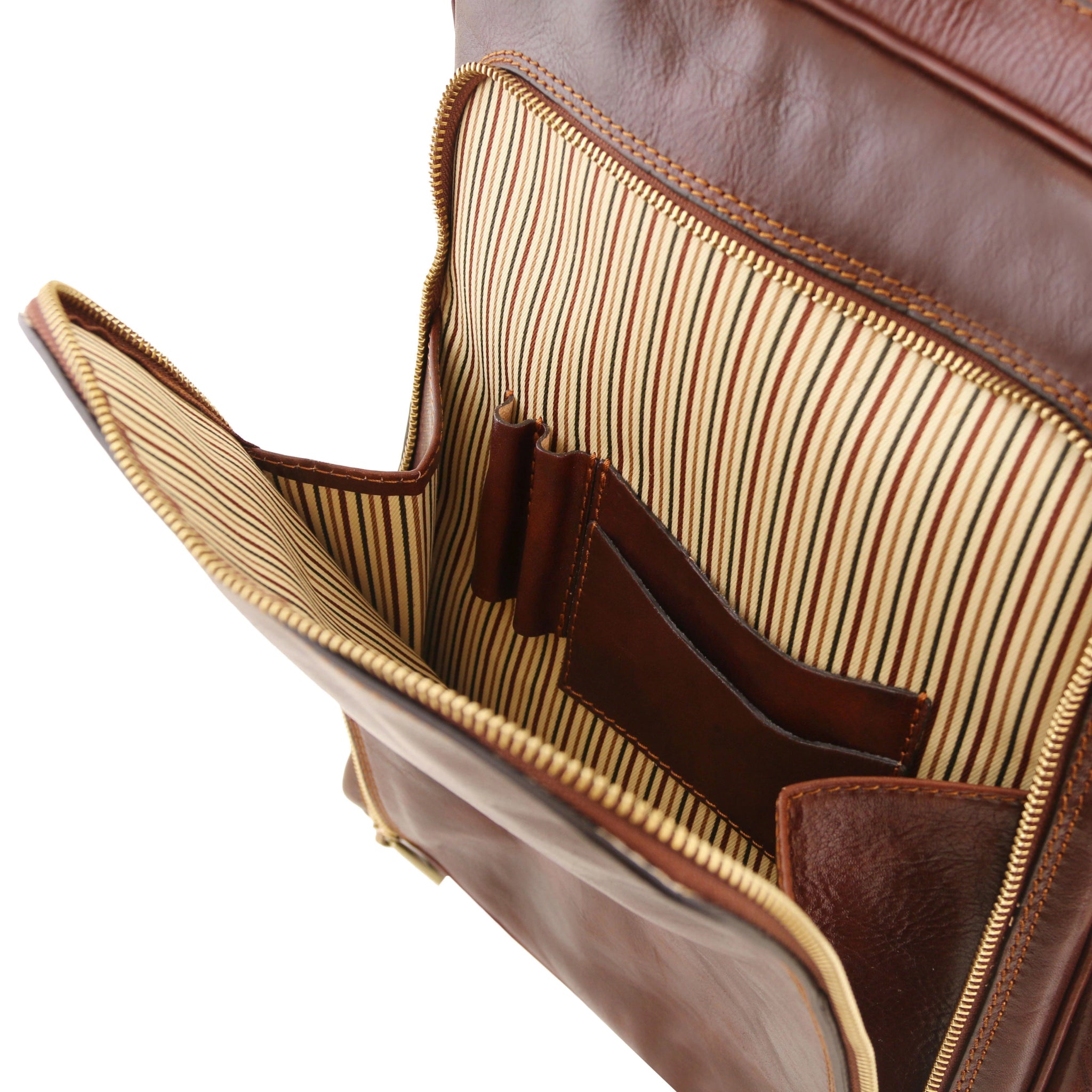 Close-up back view of a brown leather bag with zip pocket, striped lining on a white background