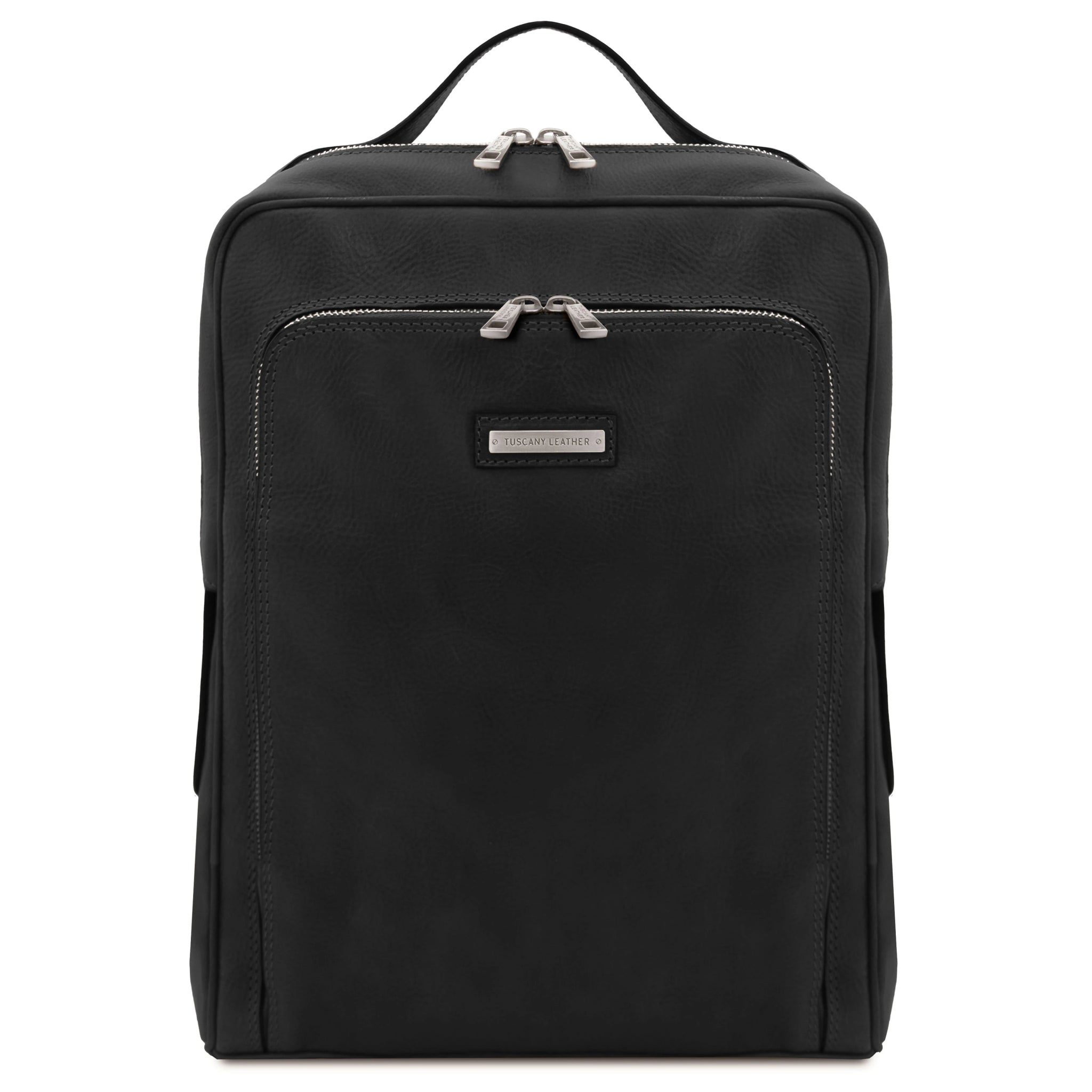 Black backpack with a visible brand logo on a white background